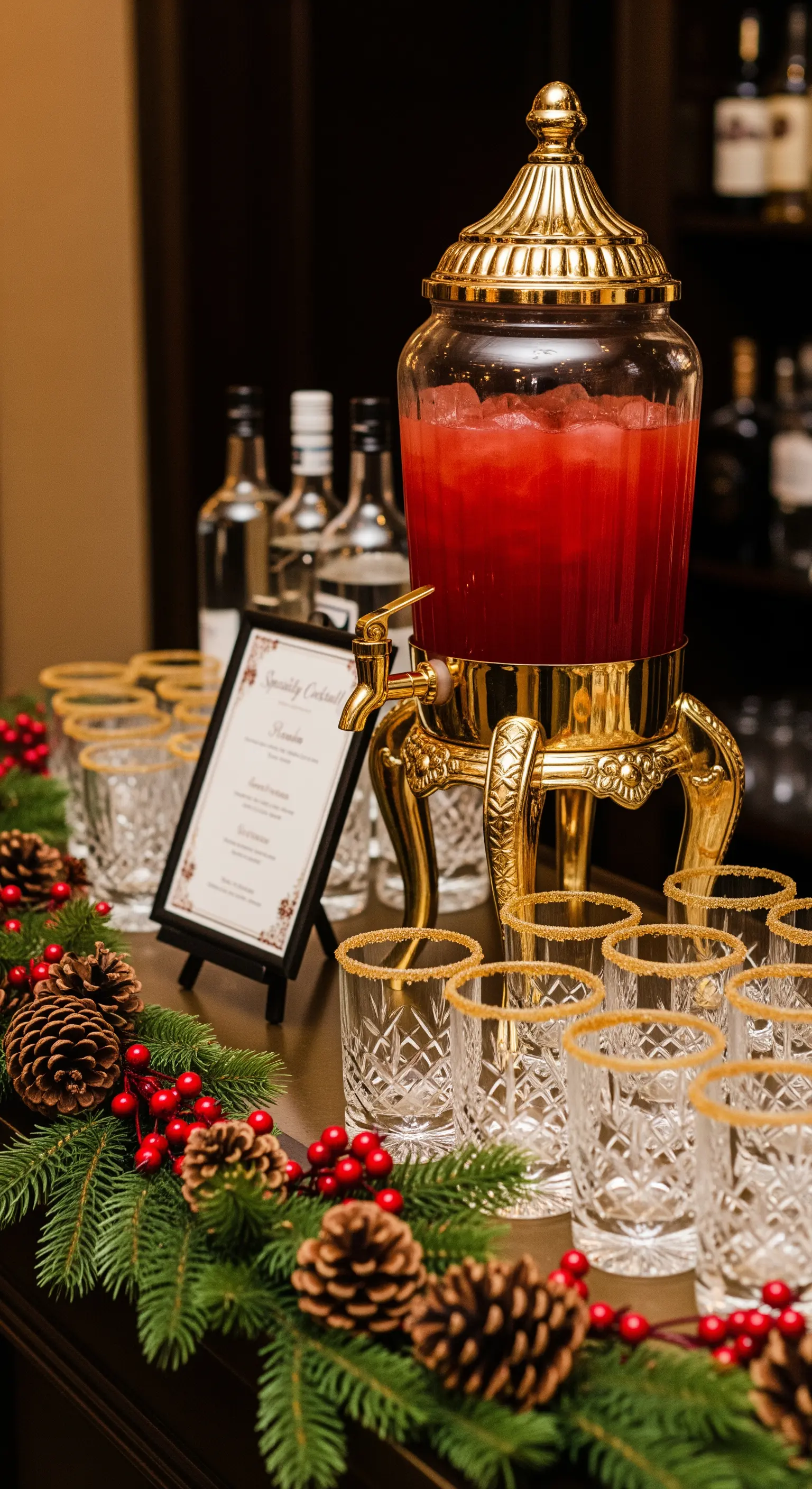 Drink station con dispenser dorato contenente un cocktail rosso e bicchieri bordati d'oro.