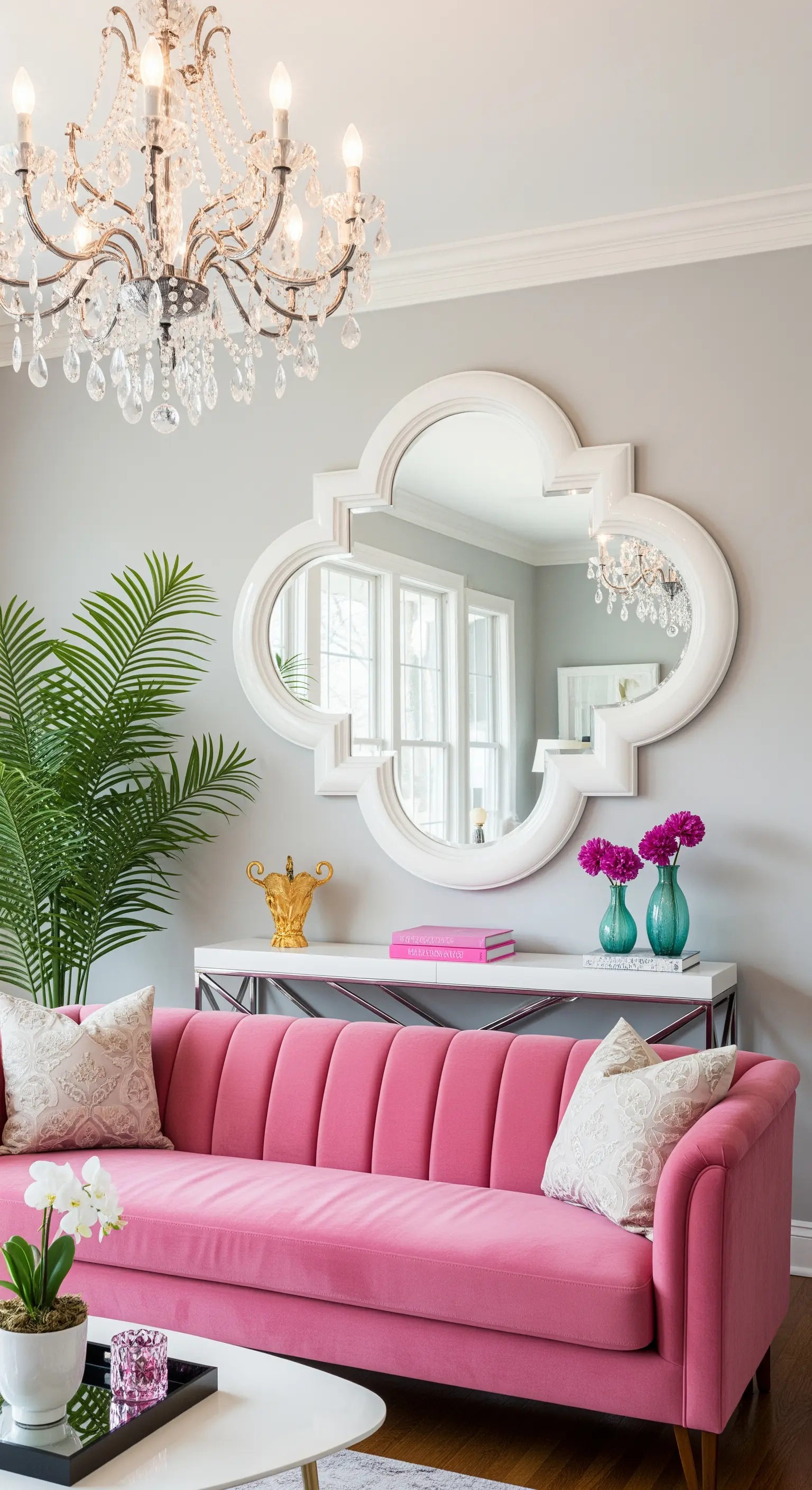 Specchio bianco laccato a forma di quadrifoglio sopra una consolle in un salotto dai toni rosa.