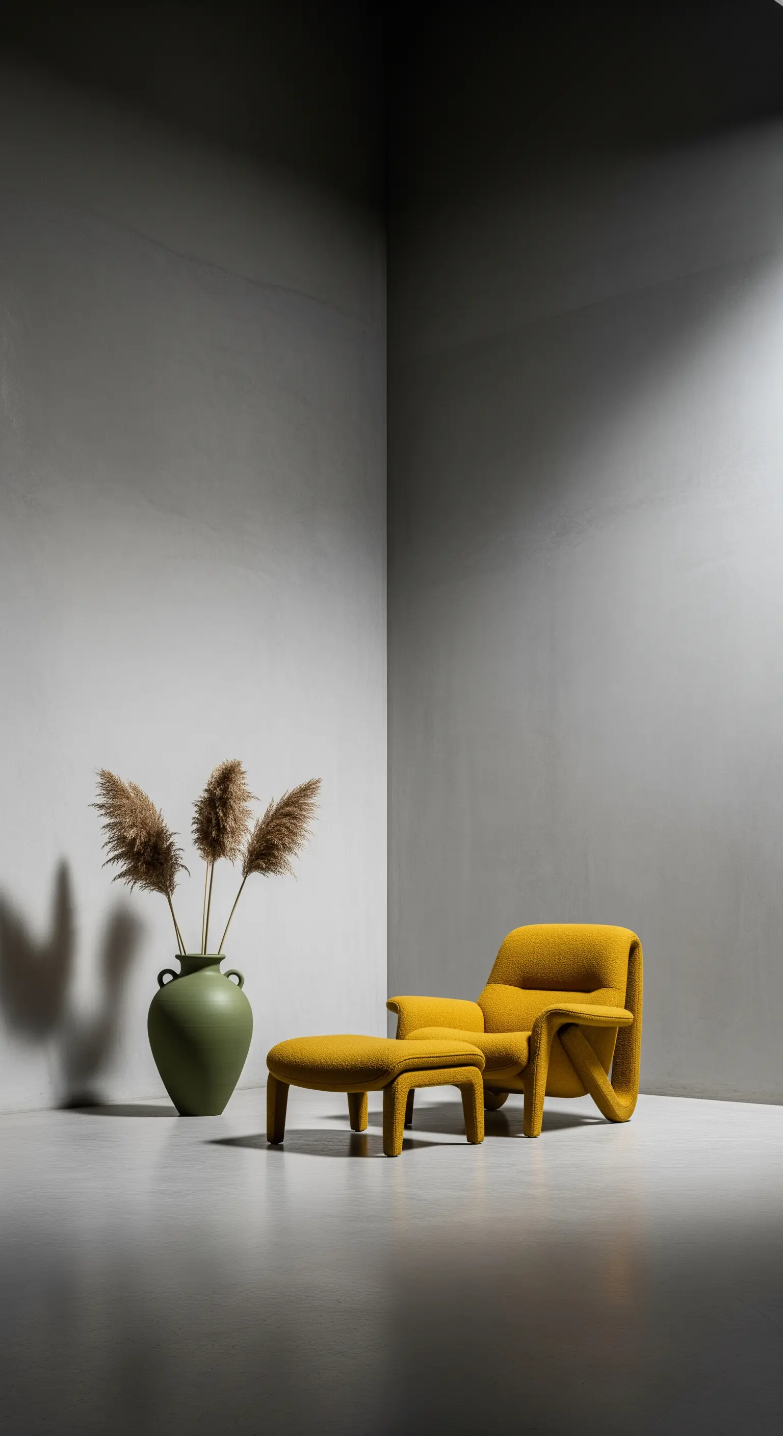 Poltrona di design senape e vaso verde oliva in un angolo minimalista con pareti grigie.