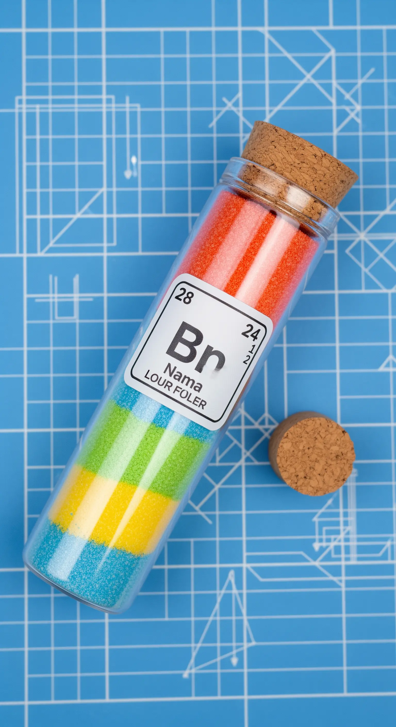 Provetta di vetro con sabbia colorata a strati e un'etichetta stile tavola periodica.