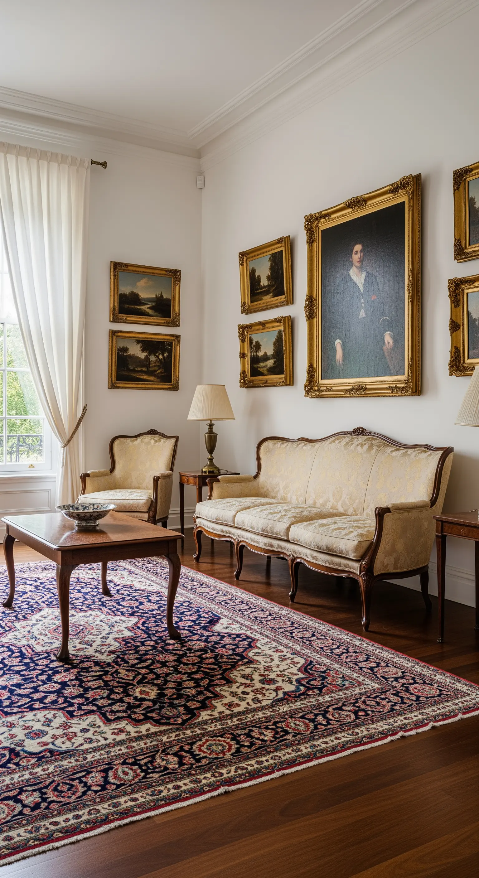 Soggiorno semplice con divano damascato color crema e tappeto persiano su pavimento in legno.