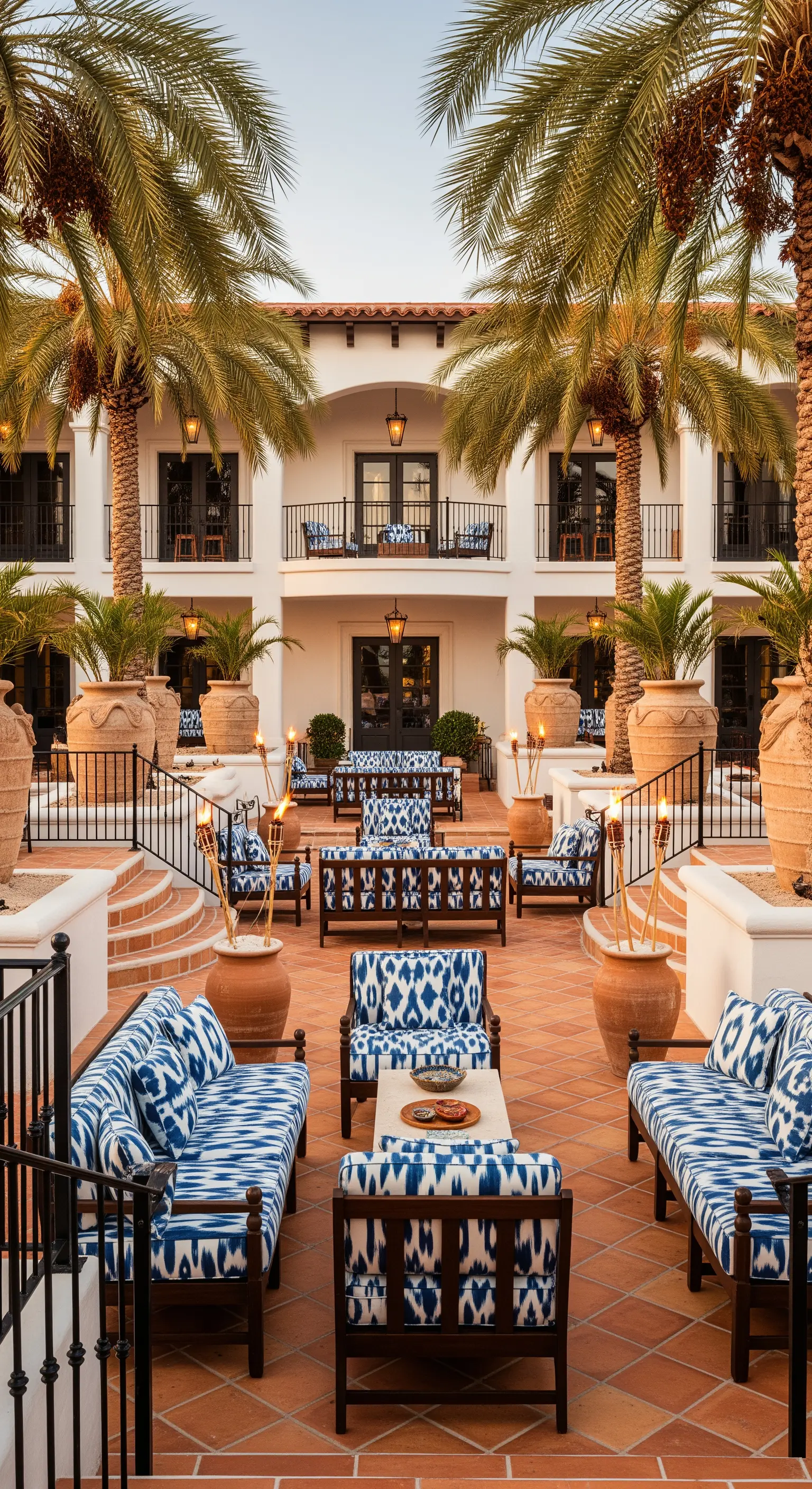 Grande patio con divani e poltrone coordinate con motivo ikat blu e bianco, e grandi palme.
