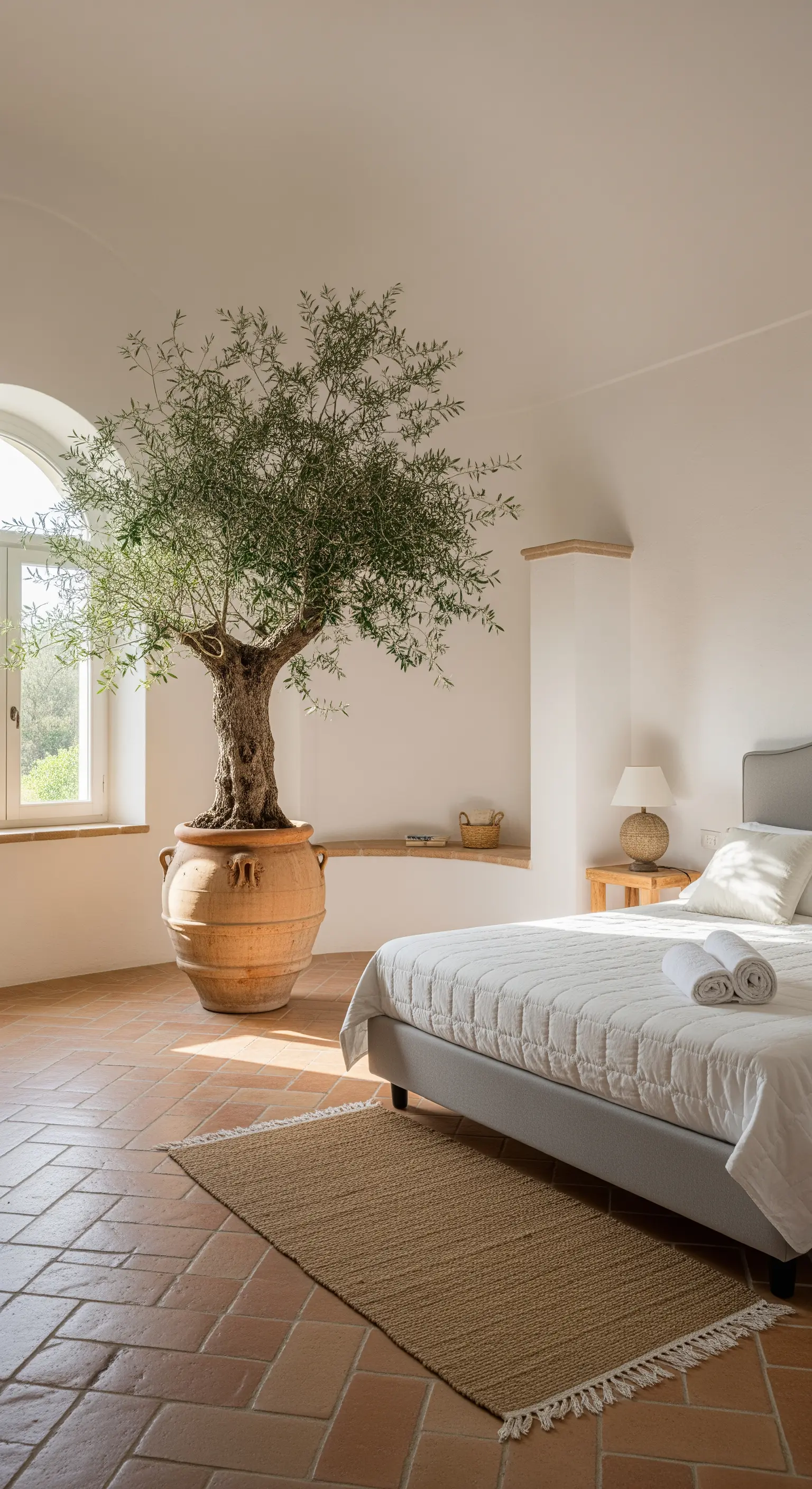 Camera da letto in stile mediterraneo con un grande ulivo in un vaso di terracotta come punto focale.