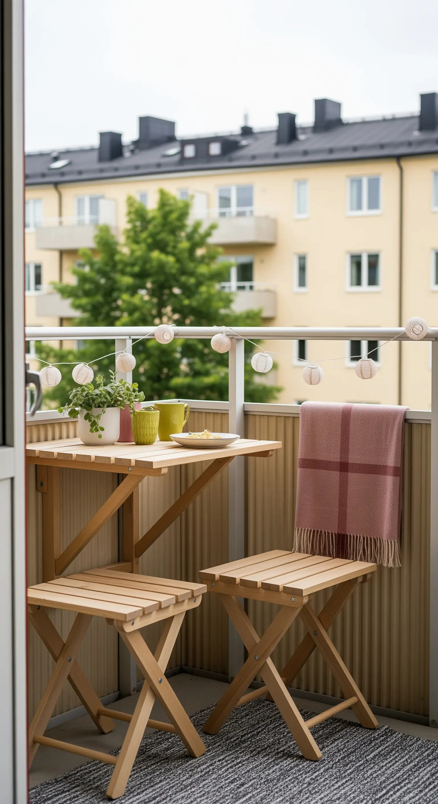 Piccolo balcone con tavolo a ribalta in legno, sgabelli pieghevoli e una coperta rosa.