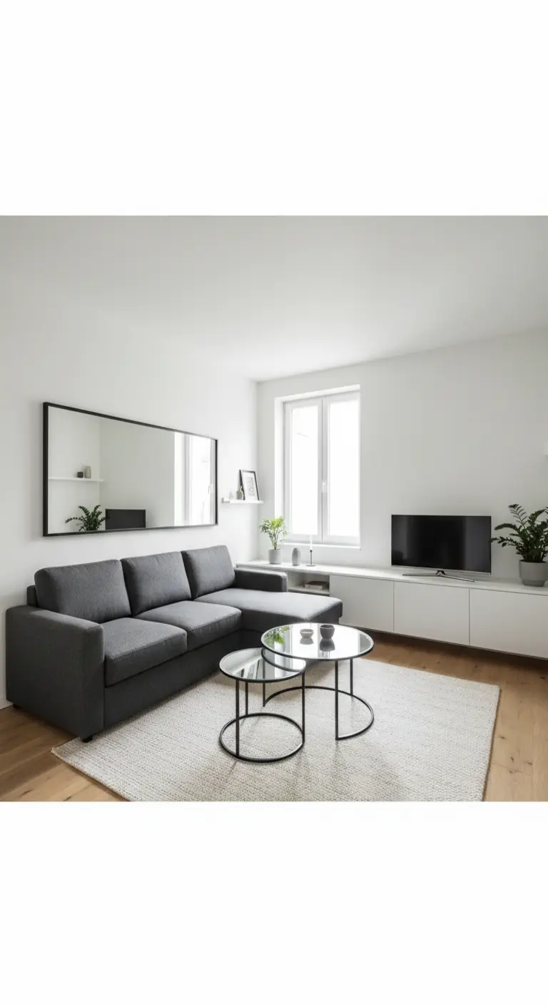 Soggiorno minimalista con divano grigio, grande specchio orizzontale e mobile TV bianco.
