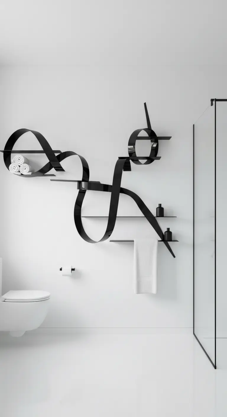Mensola-scultura nera a forma di nastro su una parete bianca in un bagno minimale.