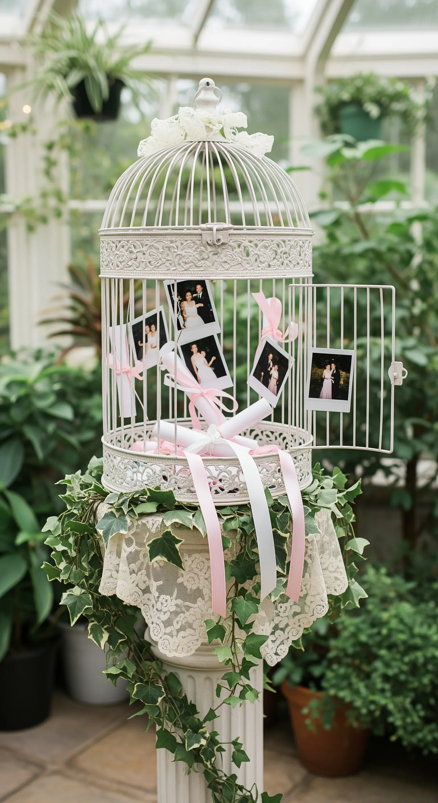 Gabbia per uccelli bianca in stile shabby chic usata per contenere polaroid e messaggi arrotolati.