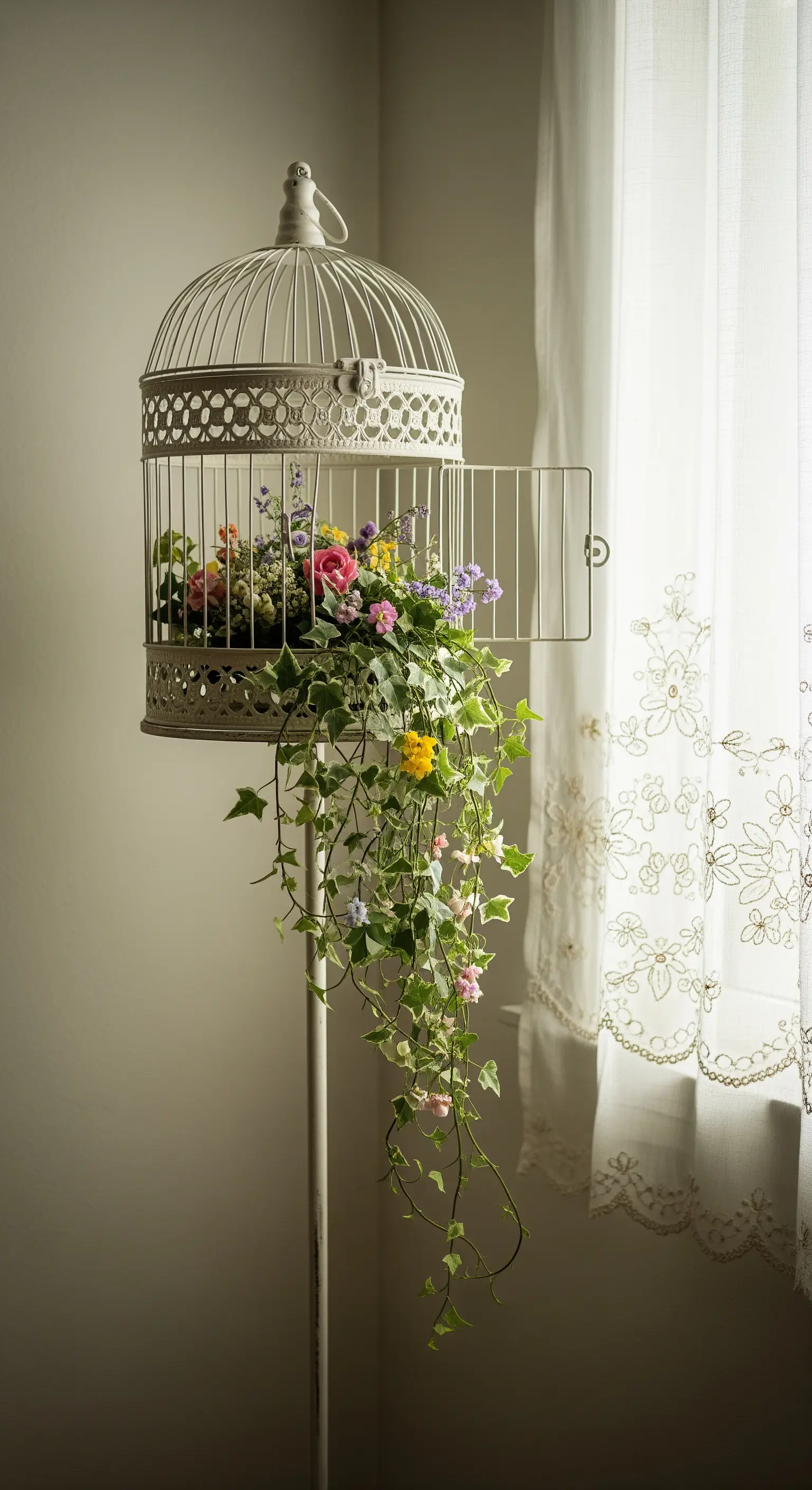 Gabbietta per uccelli bianca usata come fioriera, con fiori colorati ed edera ricadente.