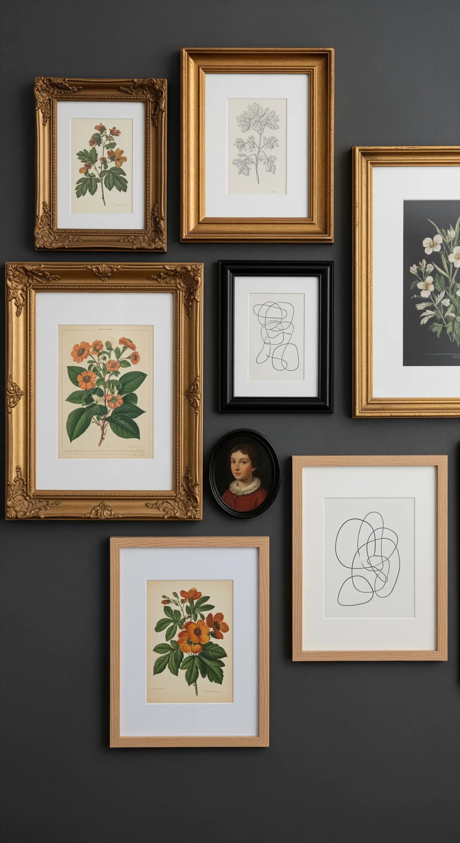 Parete galleria con cornici dorate, nere e in legno su uno sfondo grigio scuro.