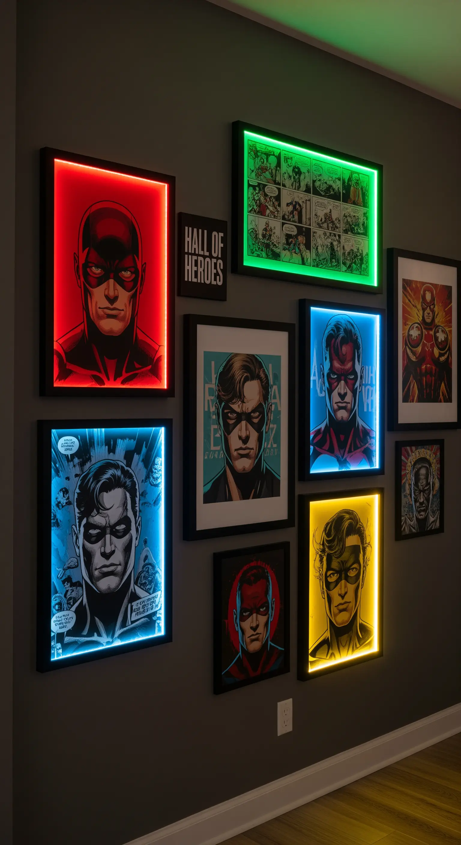 Parete con quadri di supereroi, alcuni dei quali retroilluminati con luci LED colorate.