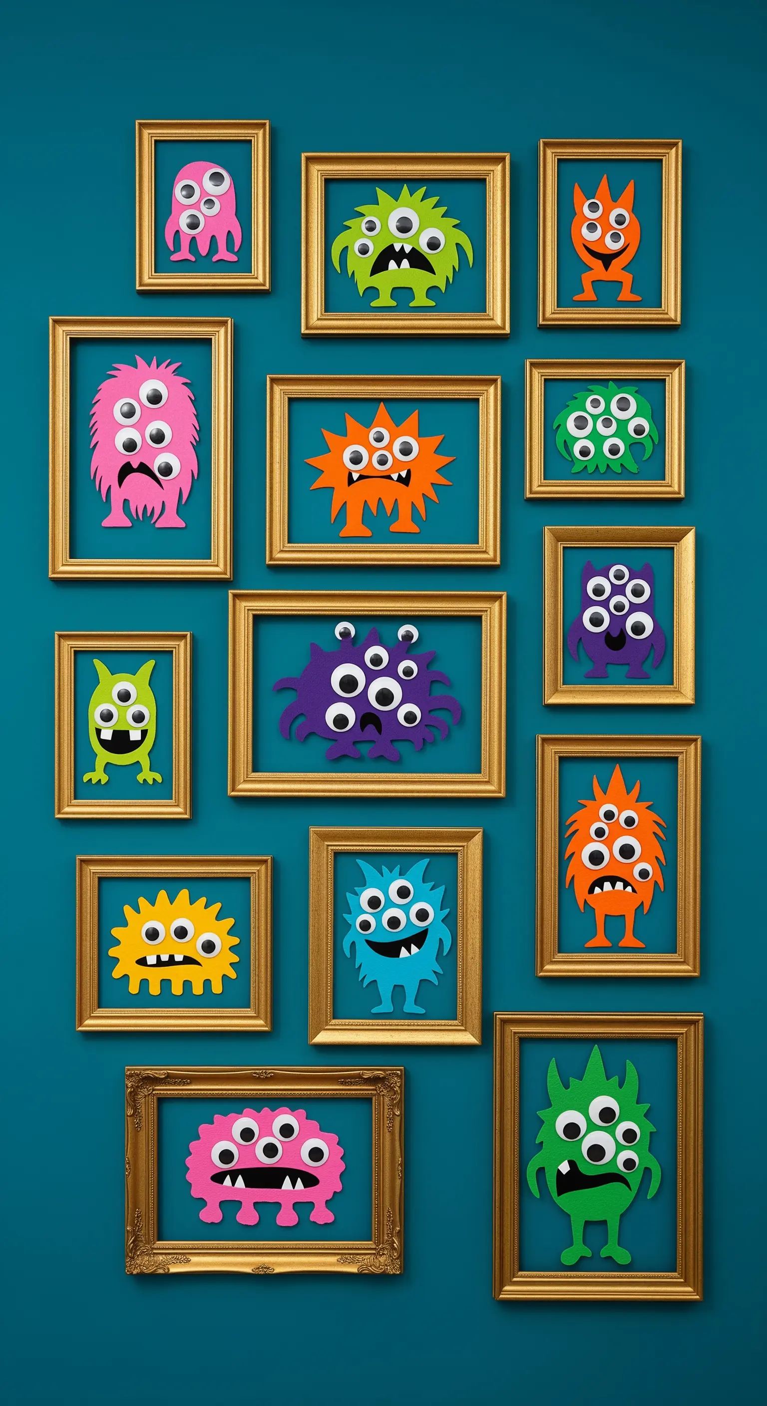 Parete blu con una galleria di cornici dorate contenenti mostri di carta colorati.