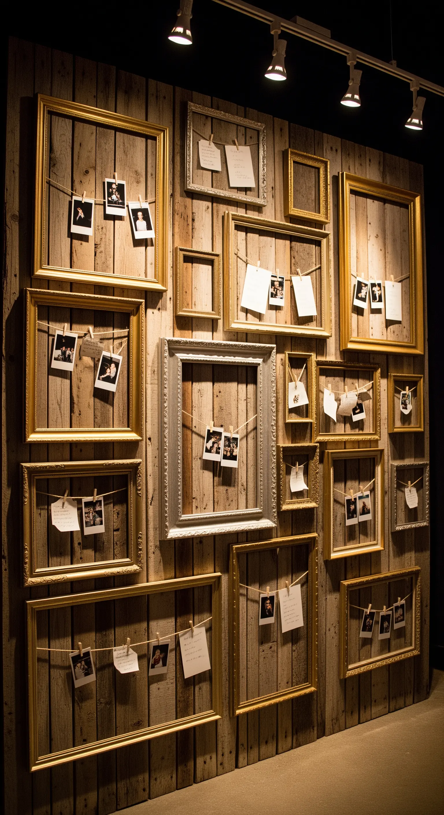 Parete in legno con cornici vintage vuote, usate per esporre polaroid e messaggi appesi a fili.