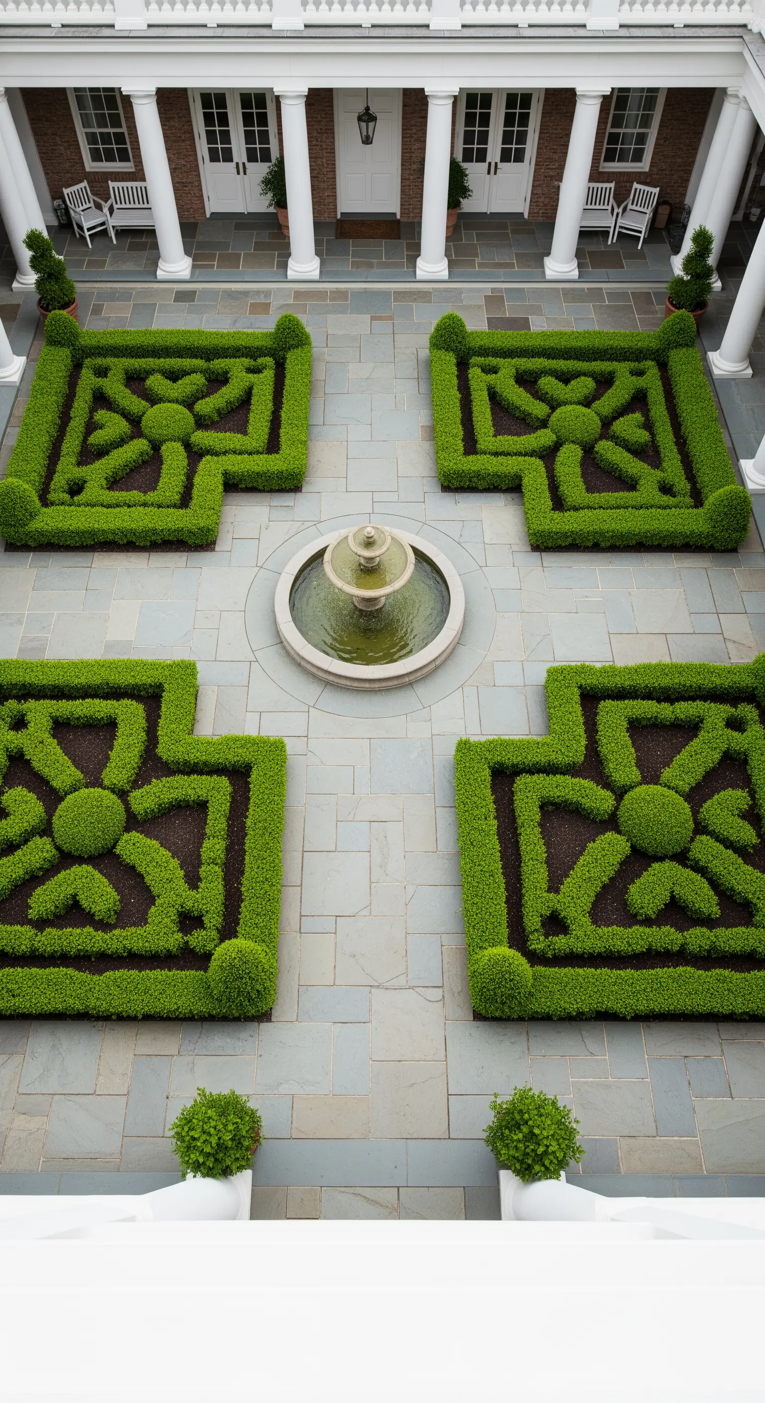 Patio con vista dall'alto su siepi potate a formare motivi geometrici e una fontana centrale.