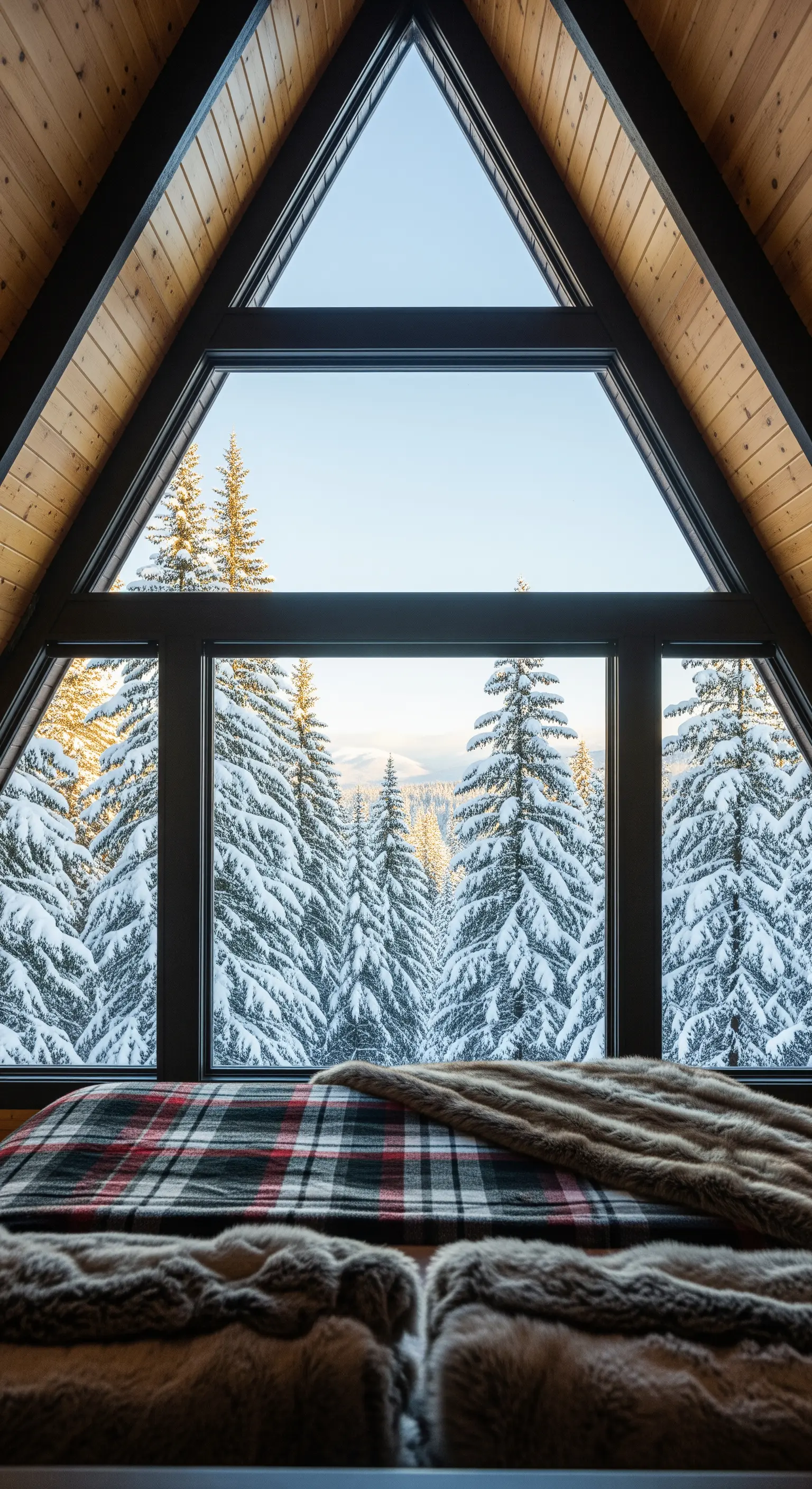 Vista di una foresta innevata da una finestra triangolare in una baita di legno.