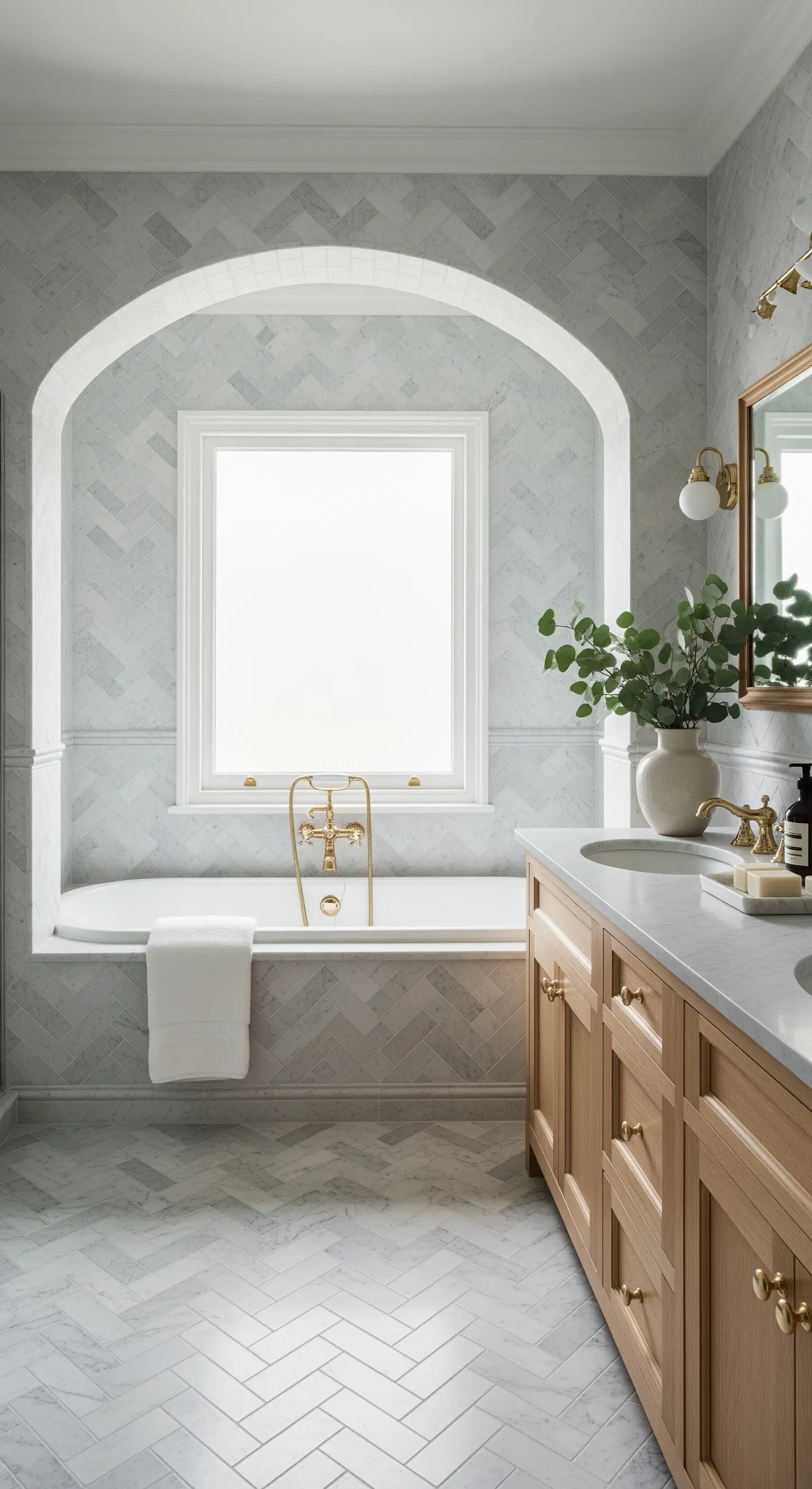 Bagno con piastrelle in marmo grigio a spina di pesce e vasca in un'alcova ad arco.