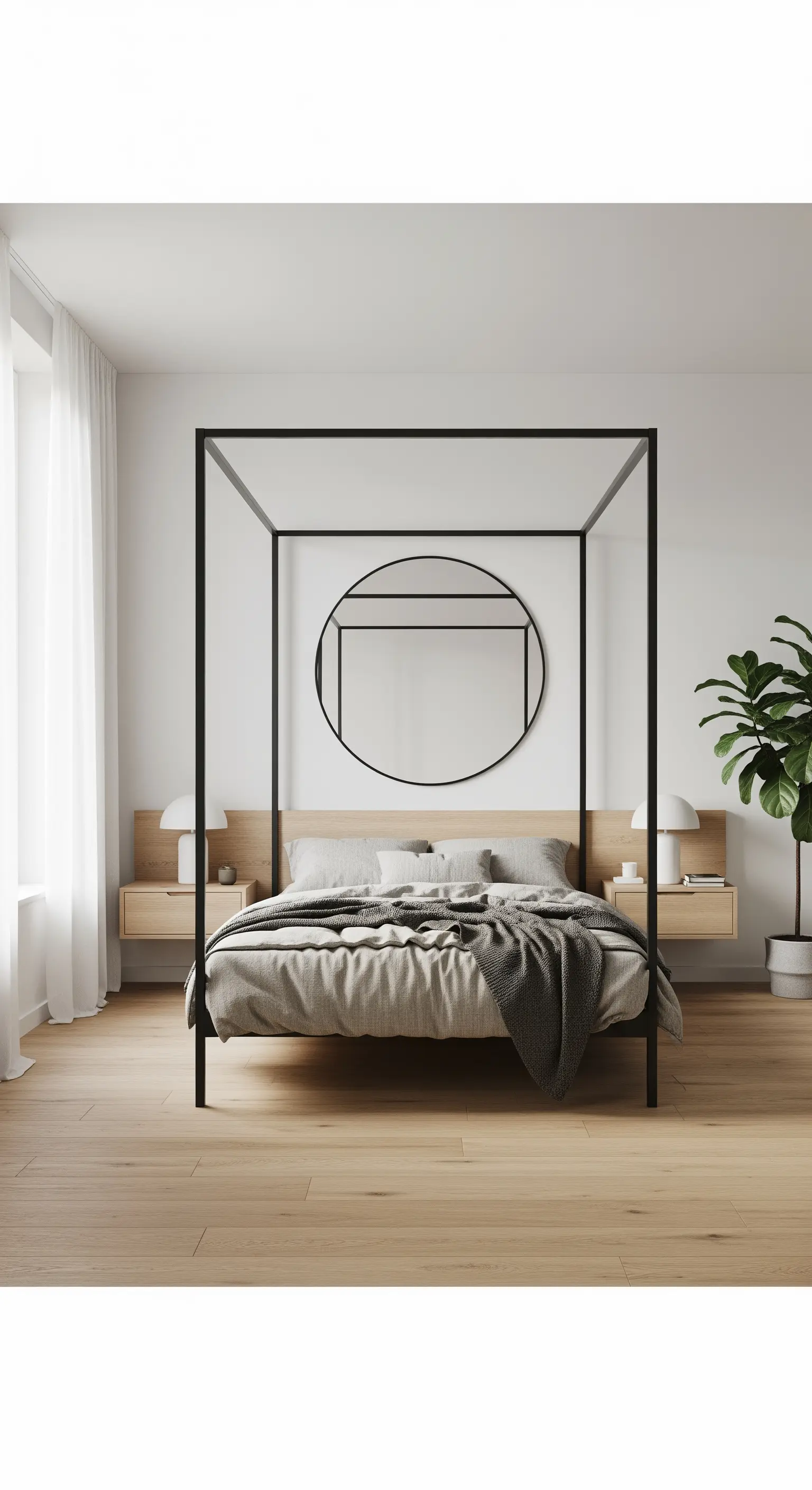 Letto a baldacchino nero minimalista con comodini sospesi in legno chiaro e specchio rotondo.