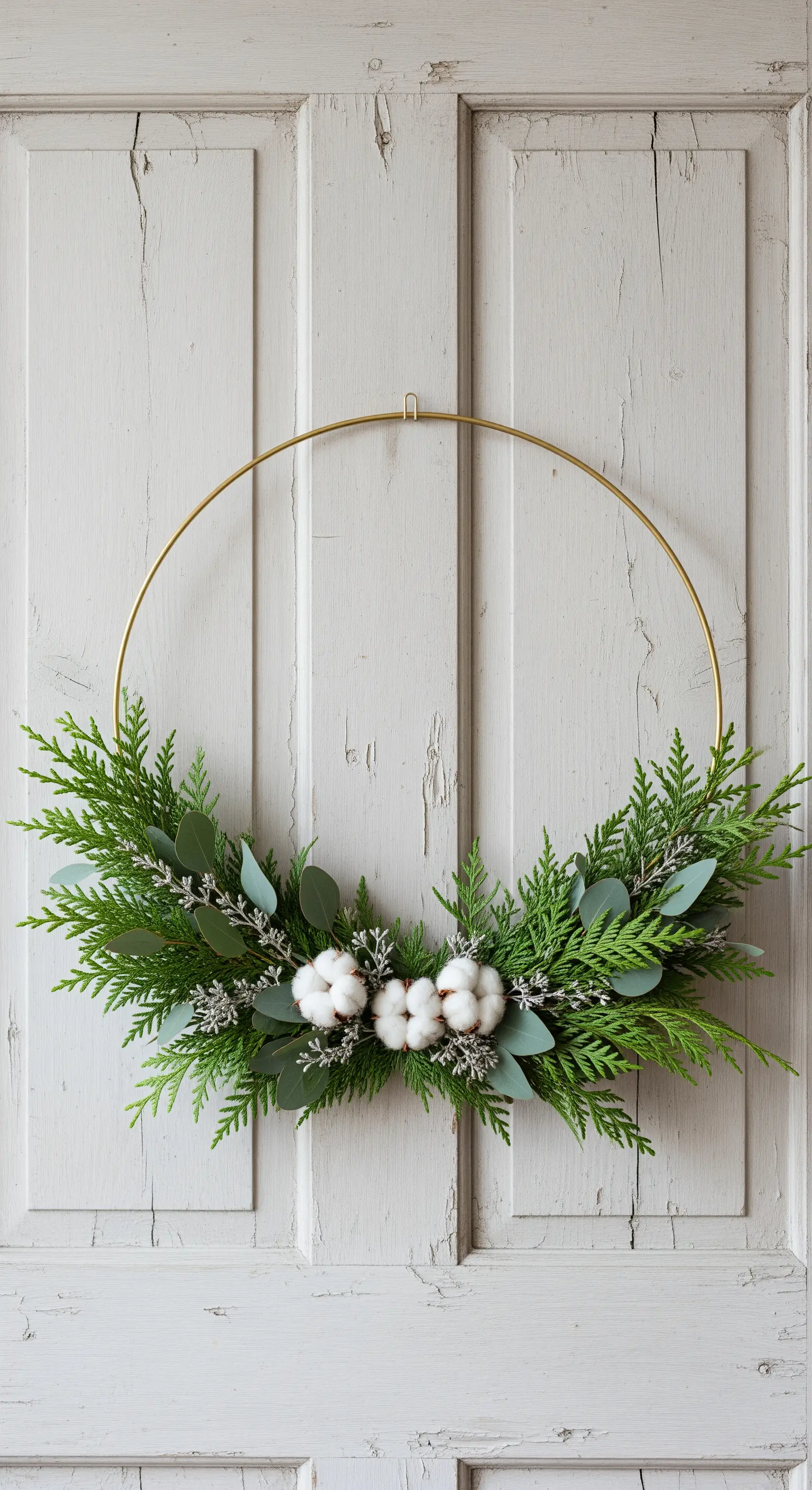 Ghirlanda natalizia moderna su un cerchio di metallo dorato con fiori di cotone.