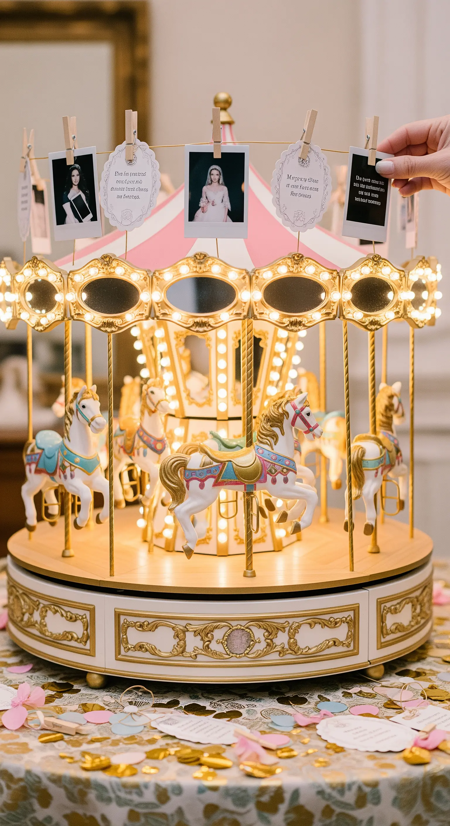 Giostra carillon con cavalli, decorata con polaroid e messaggi appesi con piccole mollette.