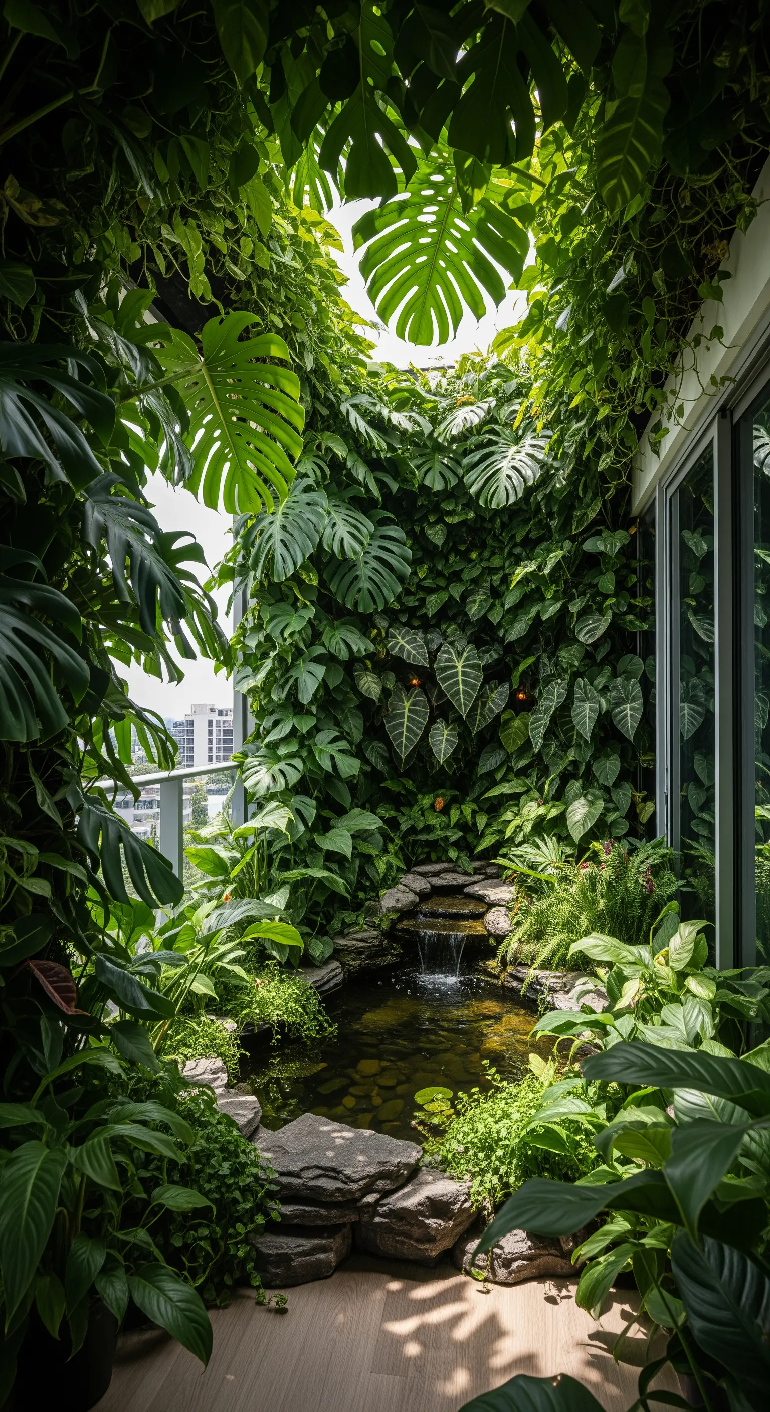 Balcone trasformato in una giungla tropicale con piante lussureggianti e un piccolo ruscello.