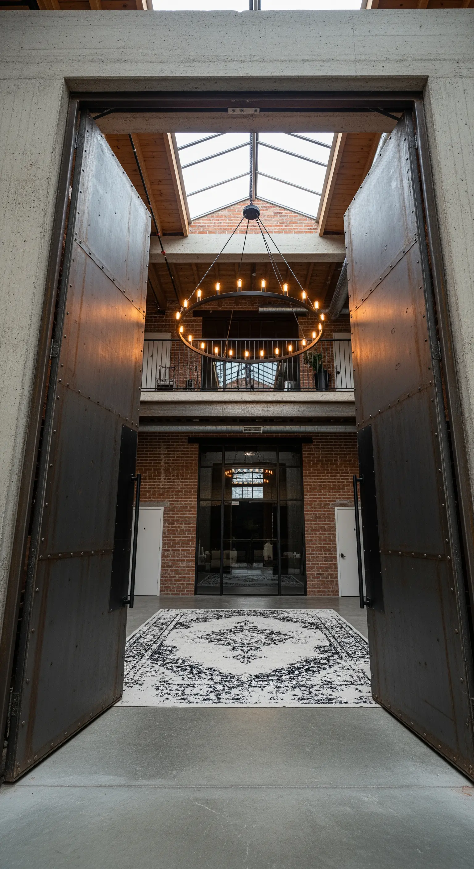 Ingresso in stile loft con enormi porte in metallo, mattoni a vista e lampadario circolare.
