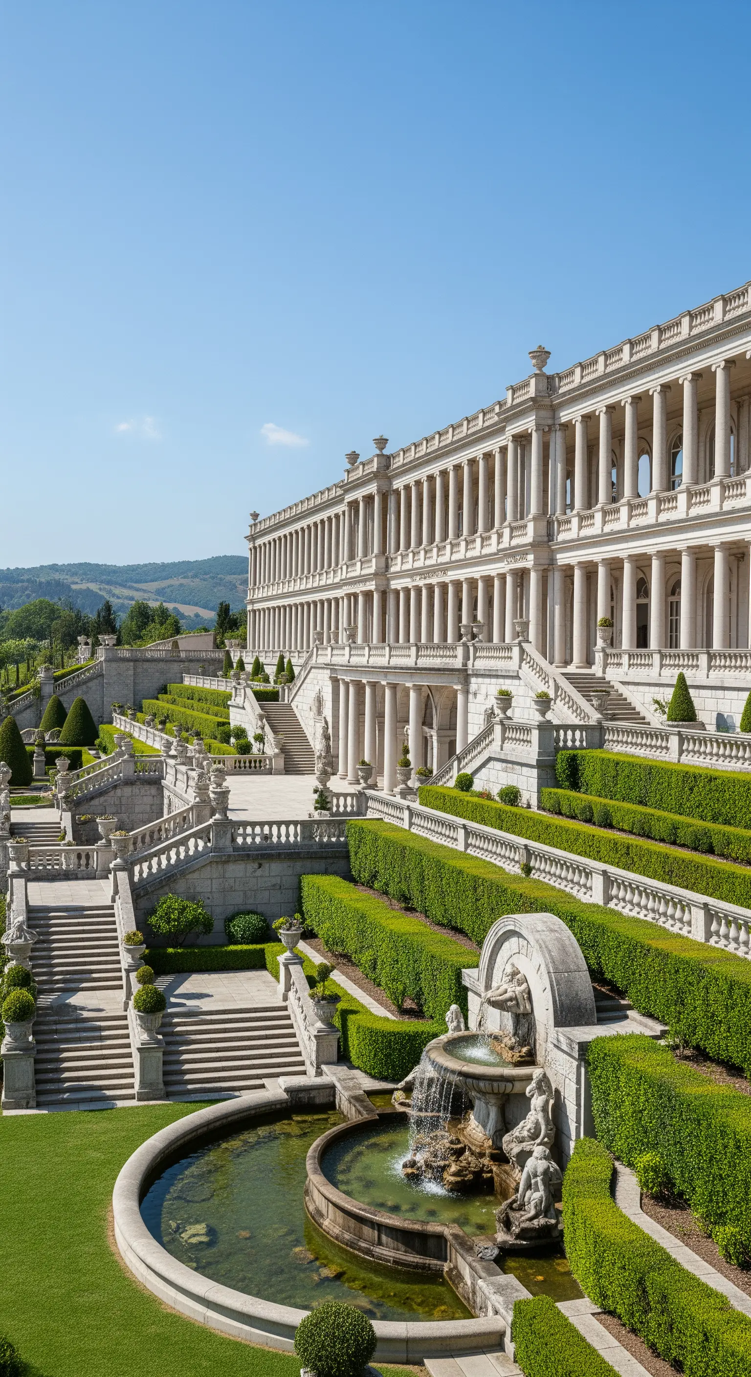 Imponente giardino a terrazze con scalinate, colonnati, siepi perfette e una grande fontana.