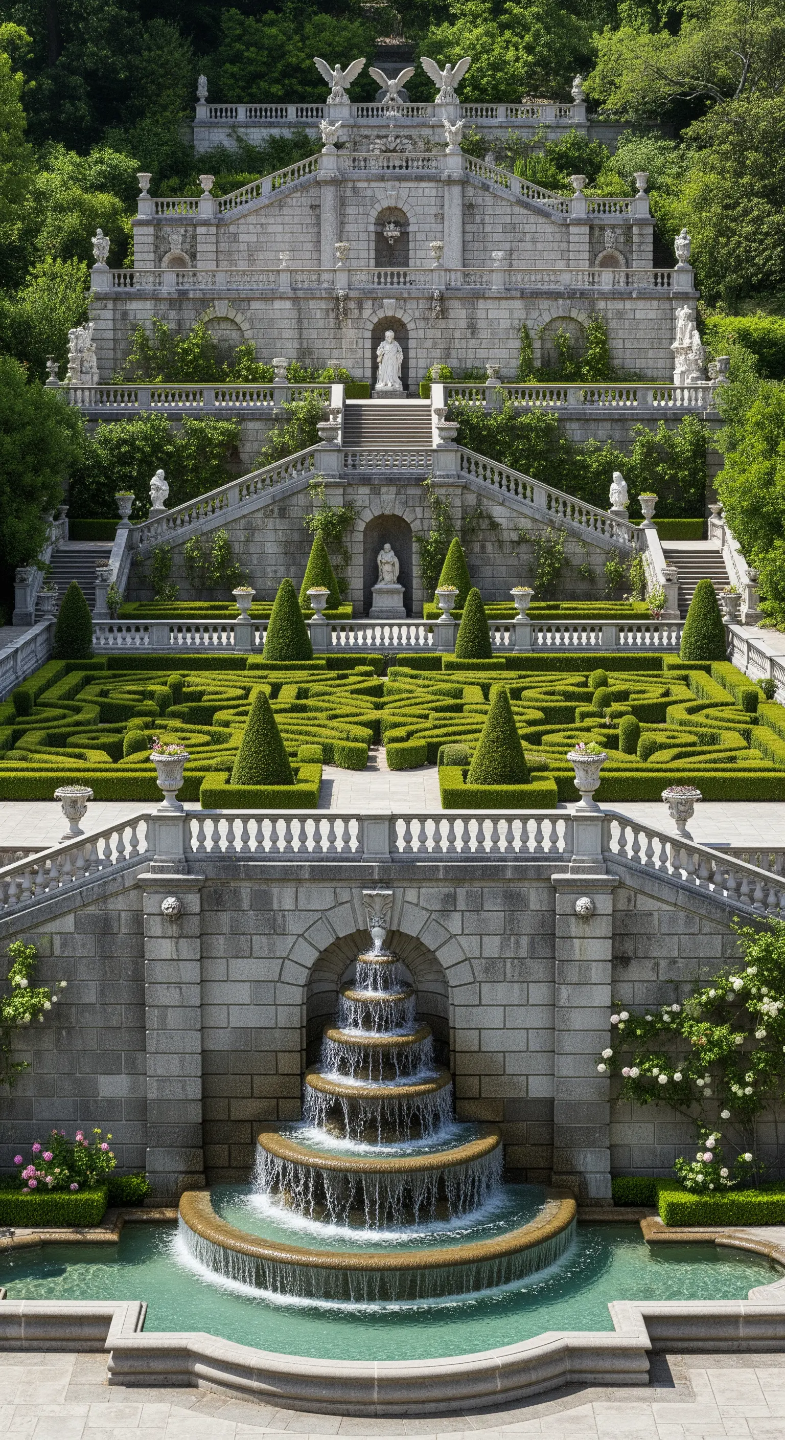 Imponente giardino barocco a più livelli con scalinate, statue e una grande fontana alla base.