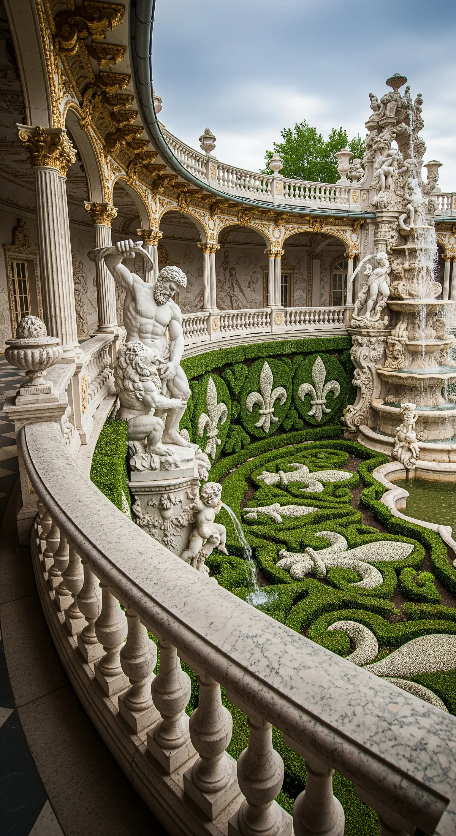 Balconata barocca con statue elaborate che si affaccia su un giardino con aiuole decorative.