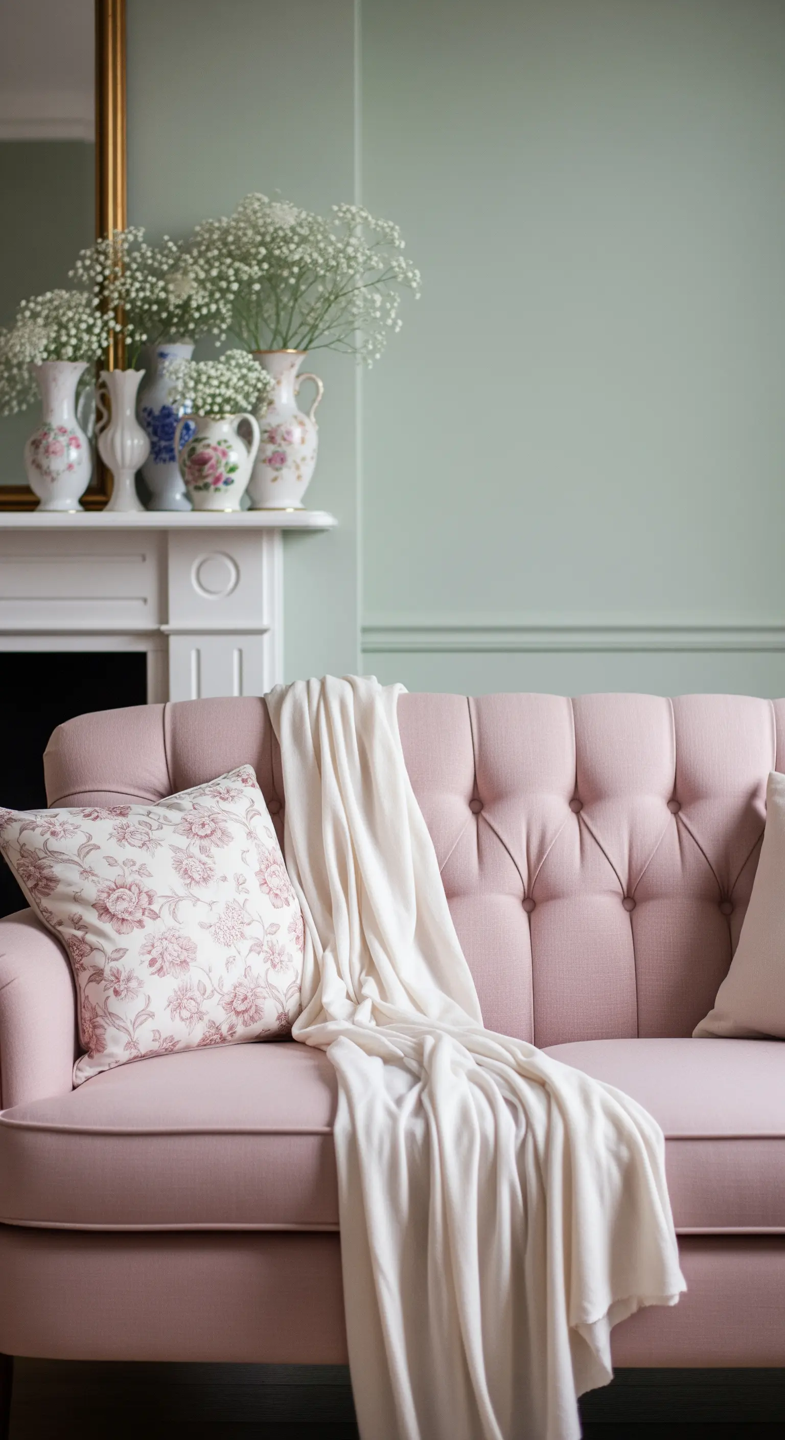 Divano rosa tufted davanti a un camino bianco con una collezione di vasi in porcellana.
