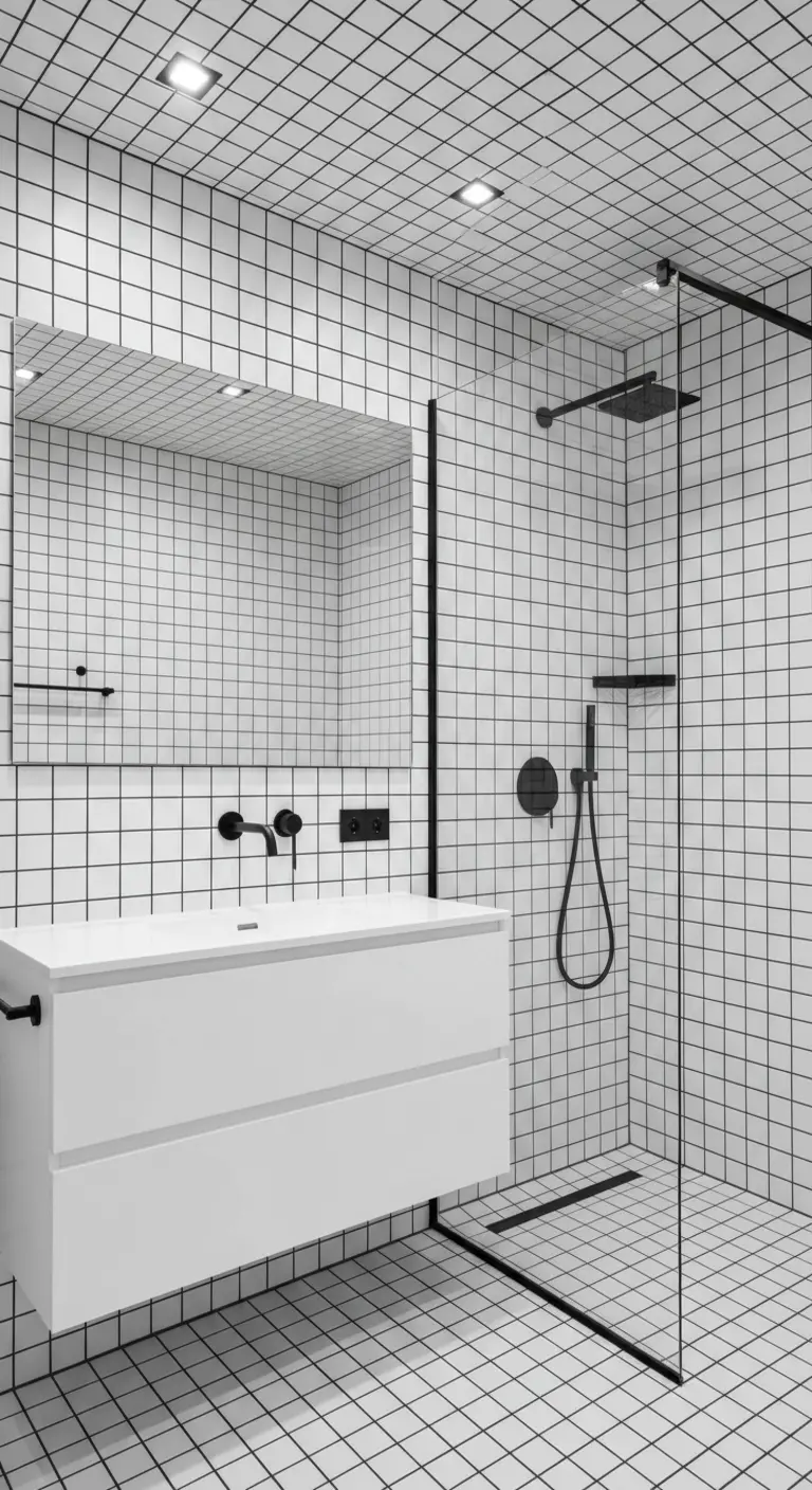 Bagno interamente rivestito con piastrelle quadrate bianche e fughe nere a contrasto.