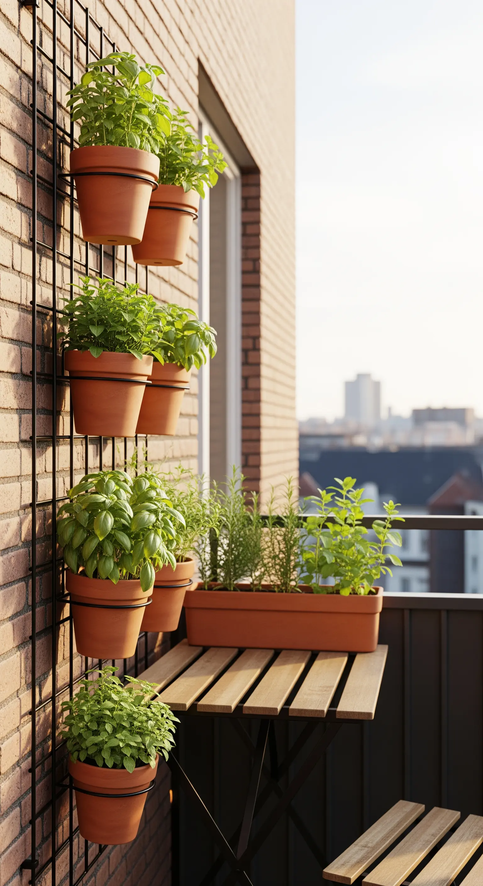 Griglia metallica nera a parete con vasi di terracotta e piante aromatiche su un balcone.