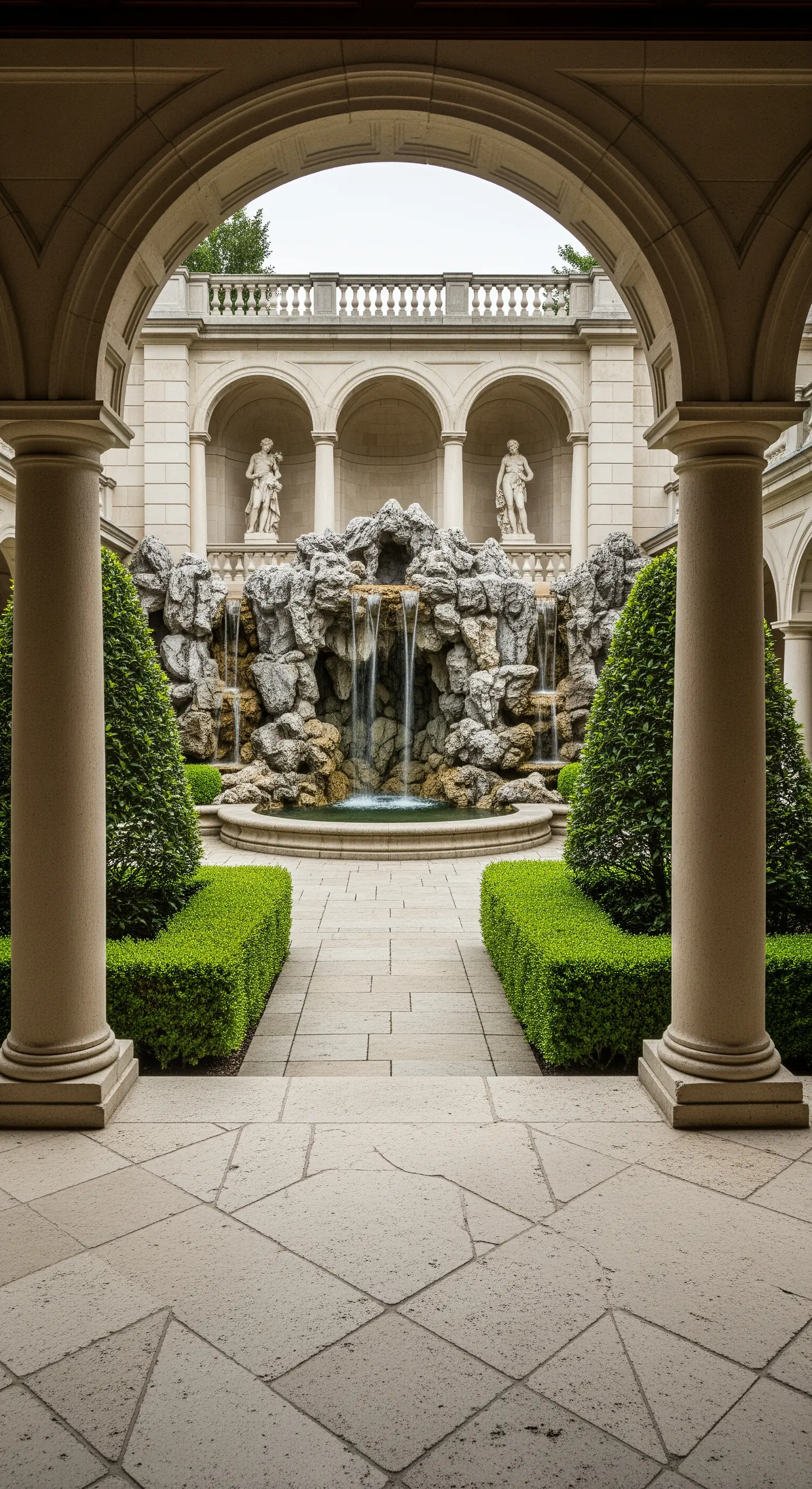 Patio con porticato e una grande fontana centrale a forma di grotta rocciosa con cascata.