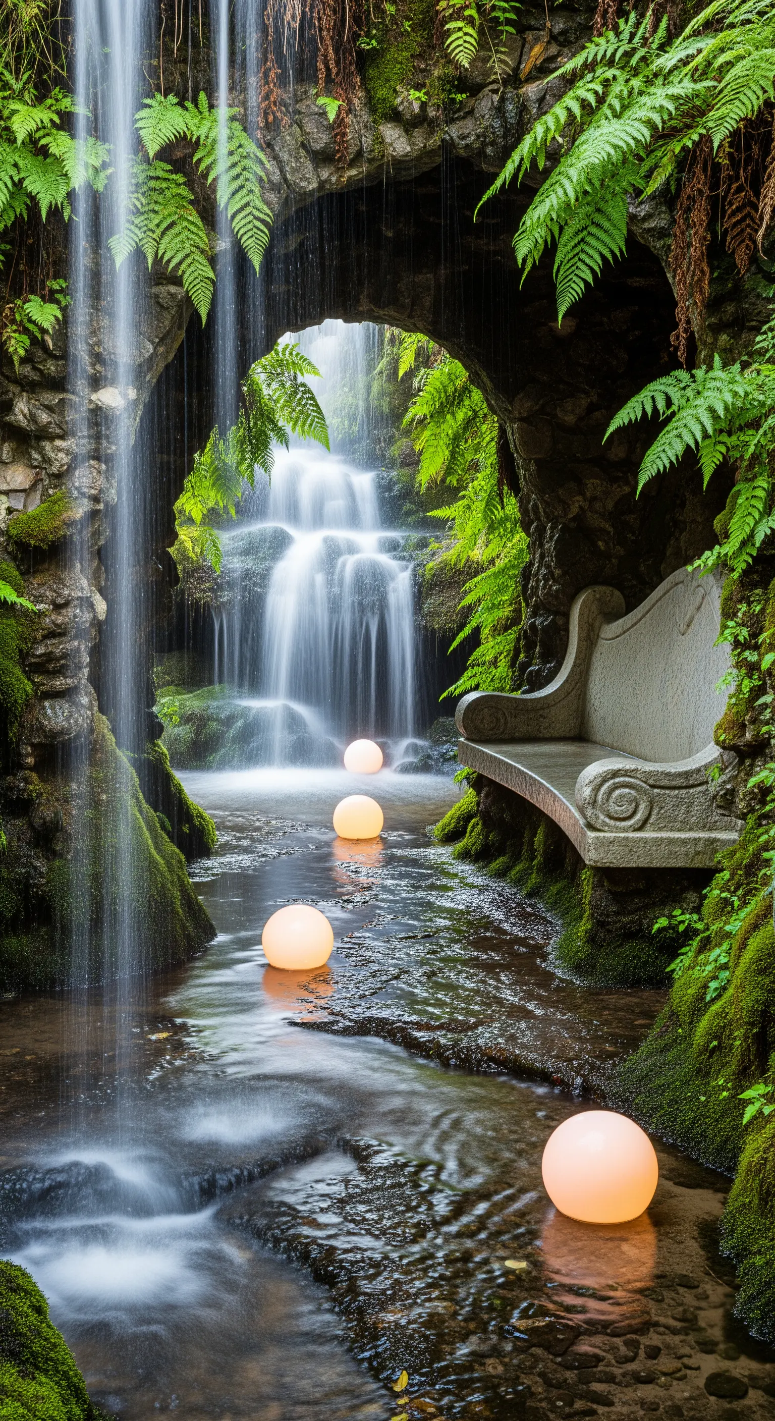 Grotta con cascata e ruscello, illuminata da sfere luminose galleggianti e una panca in pietra.