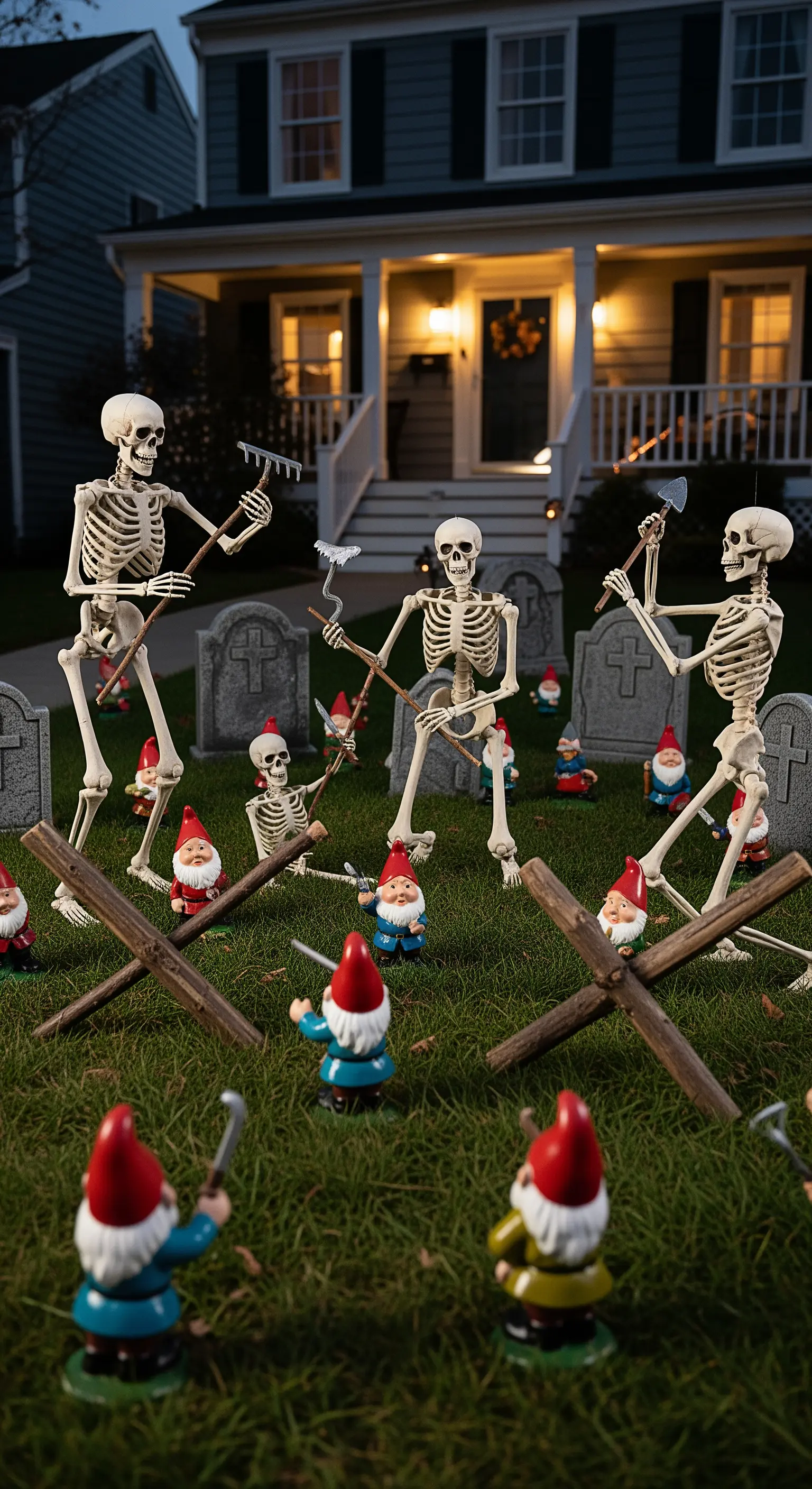 Un'epica battaglia tra un esercito di scheletri e un'armata di gnomi da giardino.