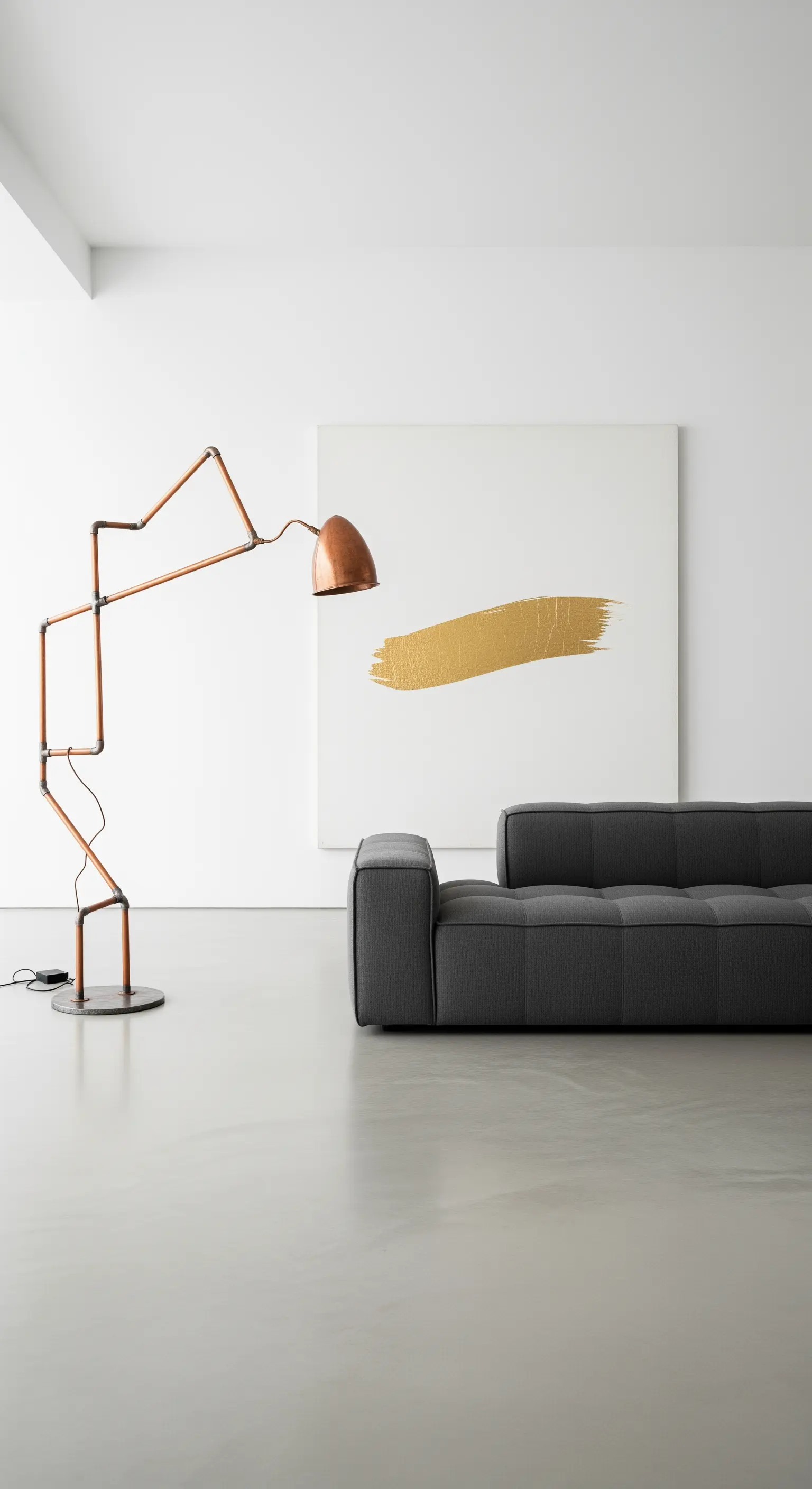 Spazio minimalista con divano grigio e lampada da terra scultorea in tubi di rame.