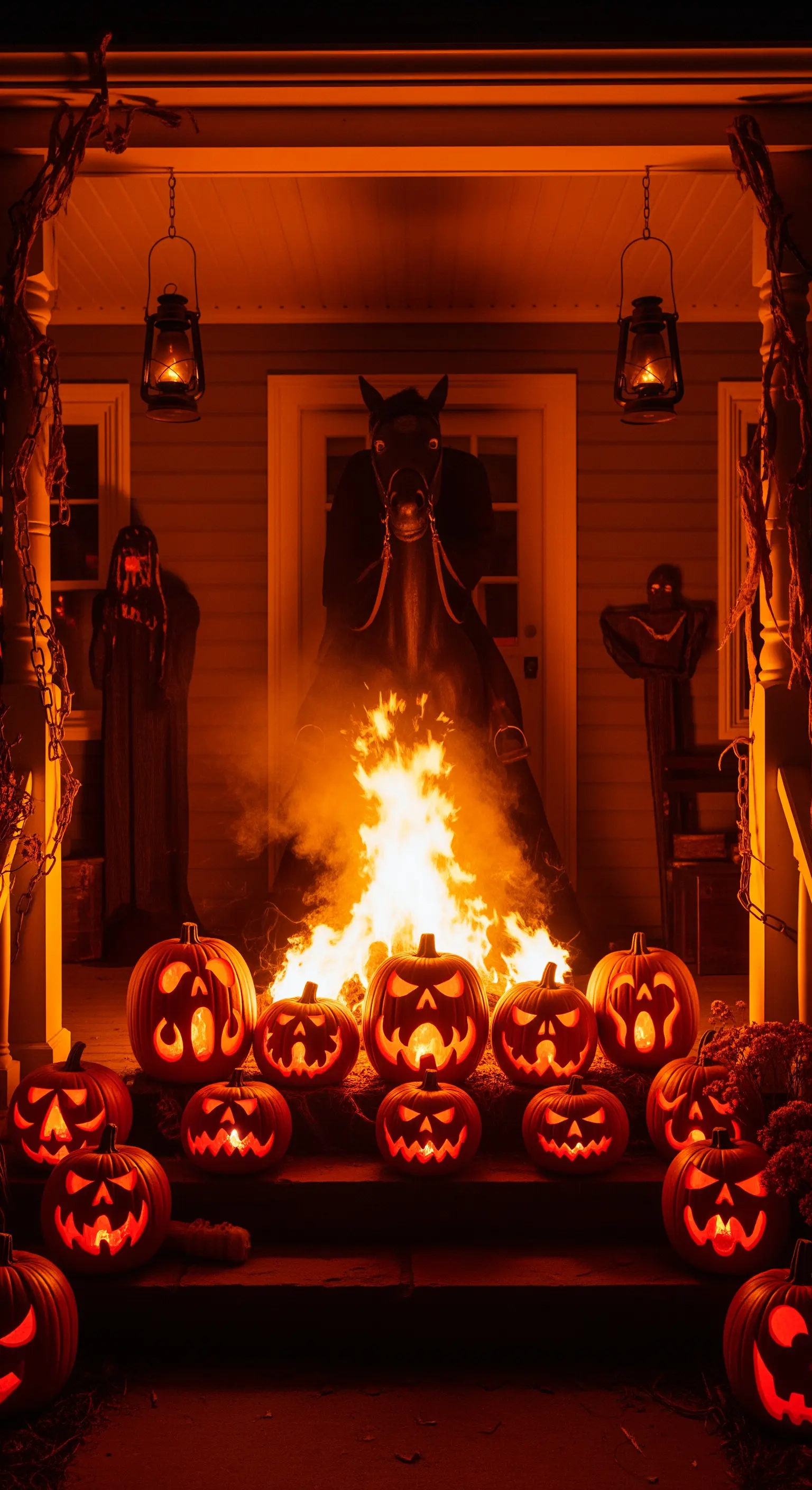 Scena ispirata al cavaliere senza testa con un falò, zucche minacciose e una sagoma scura.