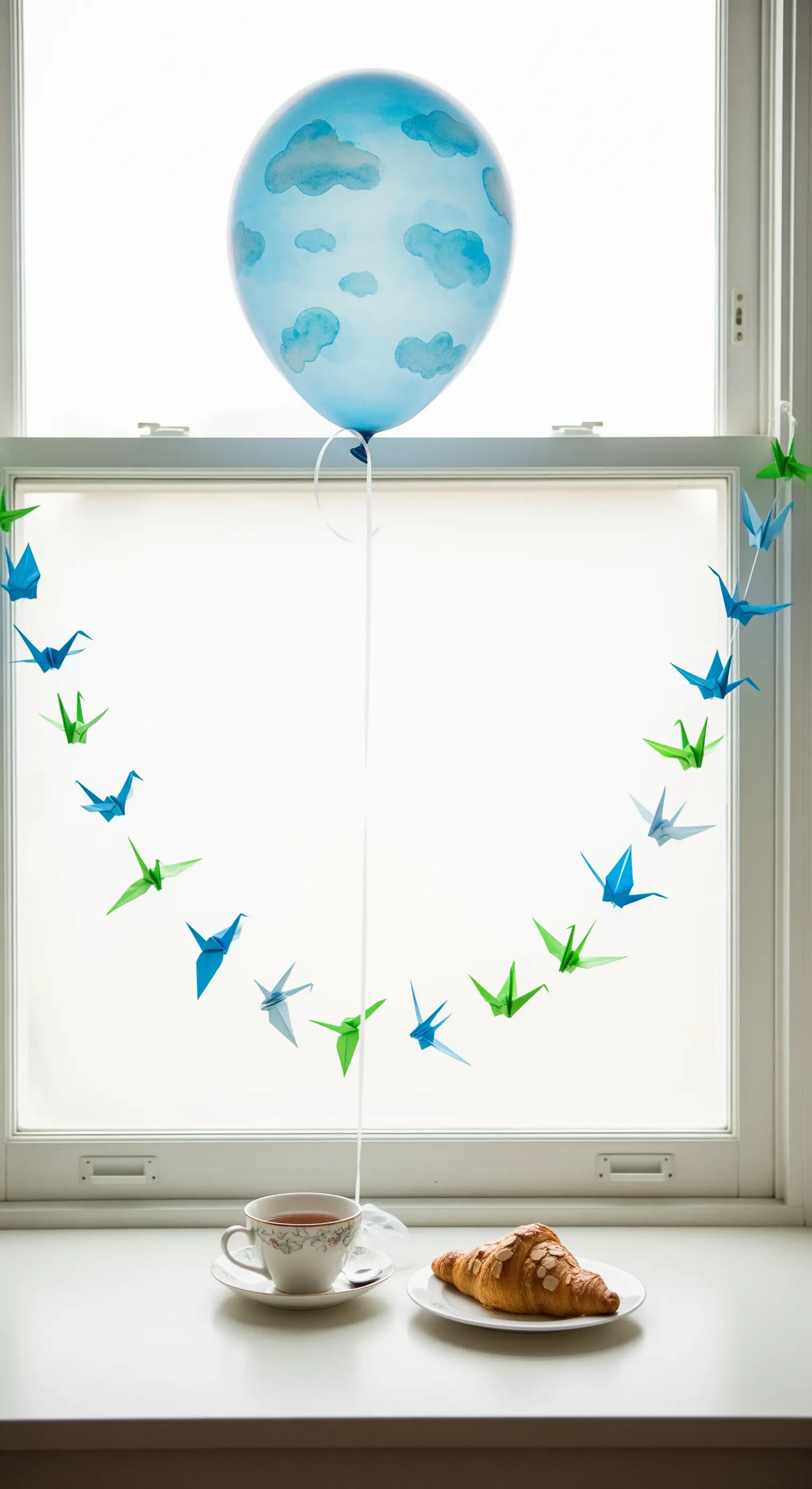 Ghirlanda di origami a forma di gru appesa a una finestra, con un palloncino decorato a nuvole.