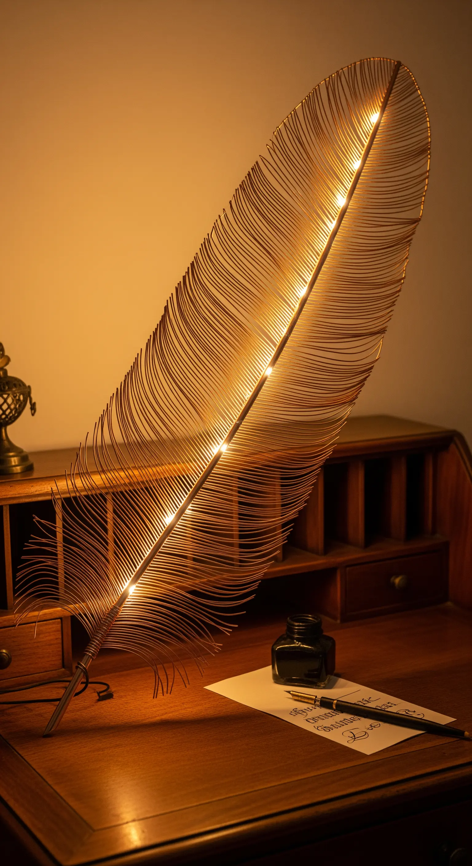 Scultura a forma di piuma realizzata con sottili fili di rame e illuminata da piccoli LED.