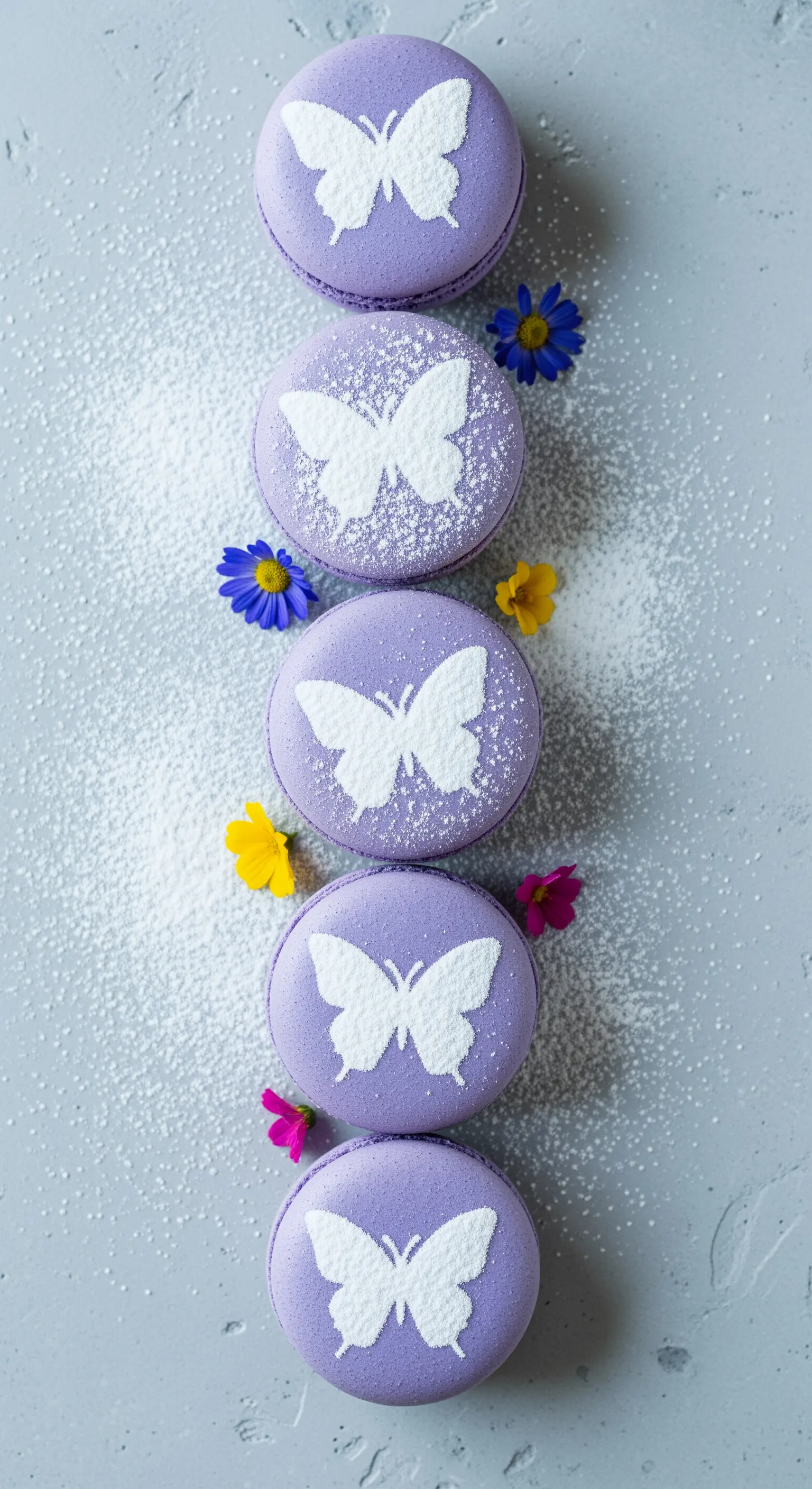 Fila verticale di macaron viola decorati con una silhouette di farfalla in zucchero a velo.