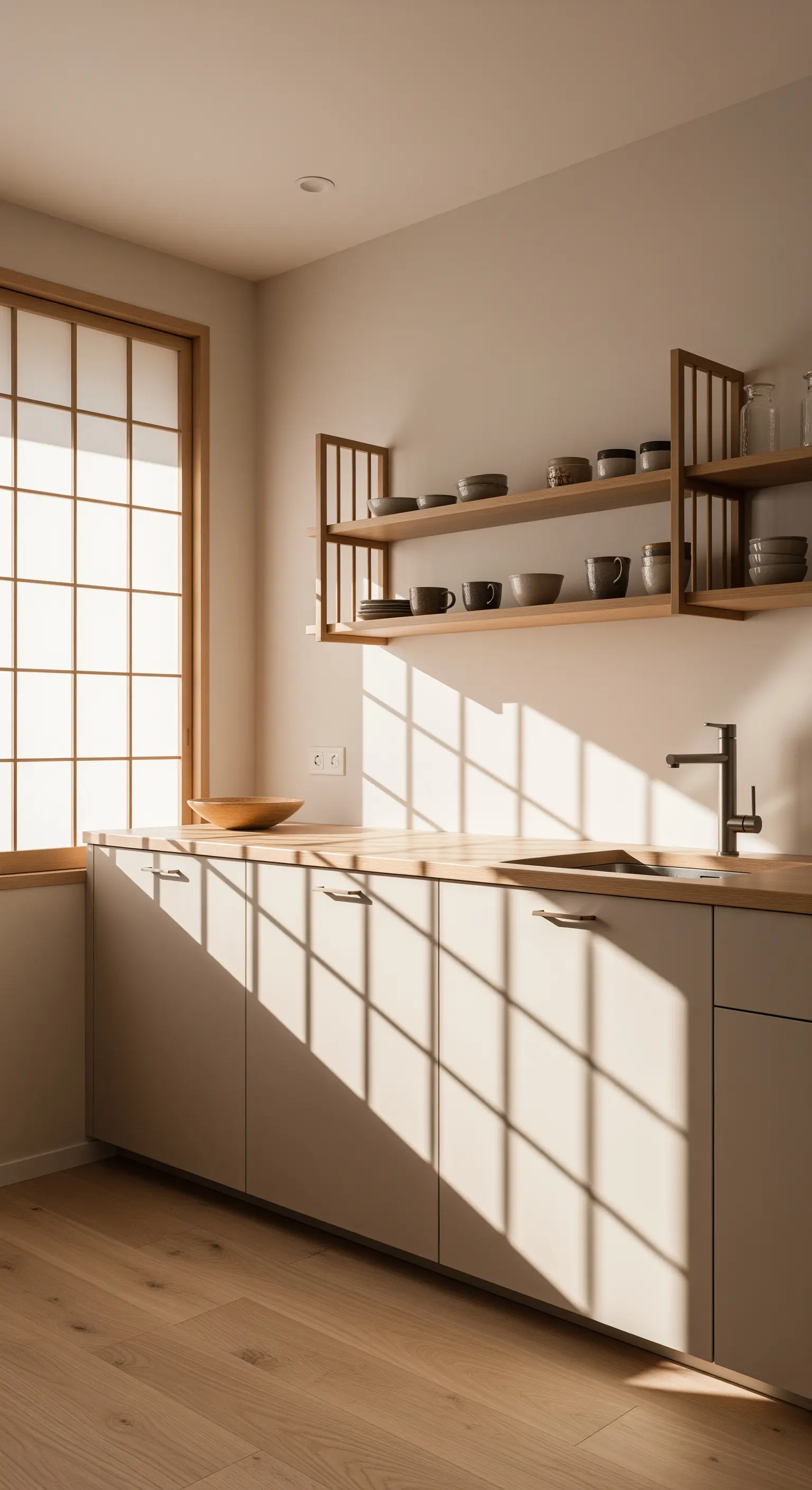 Cucina con finestra in stile shoji che proietta ombre geometriche sui mobili color crema.