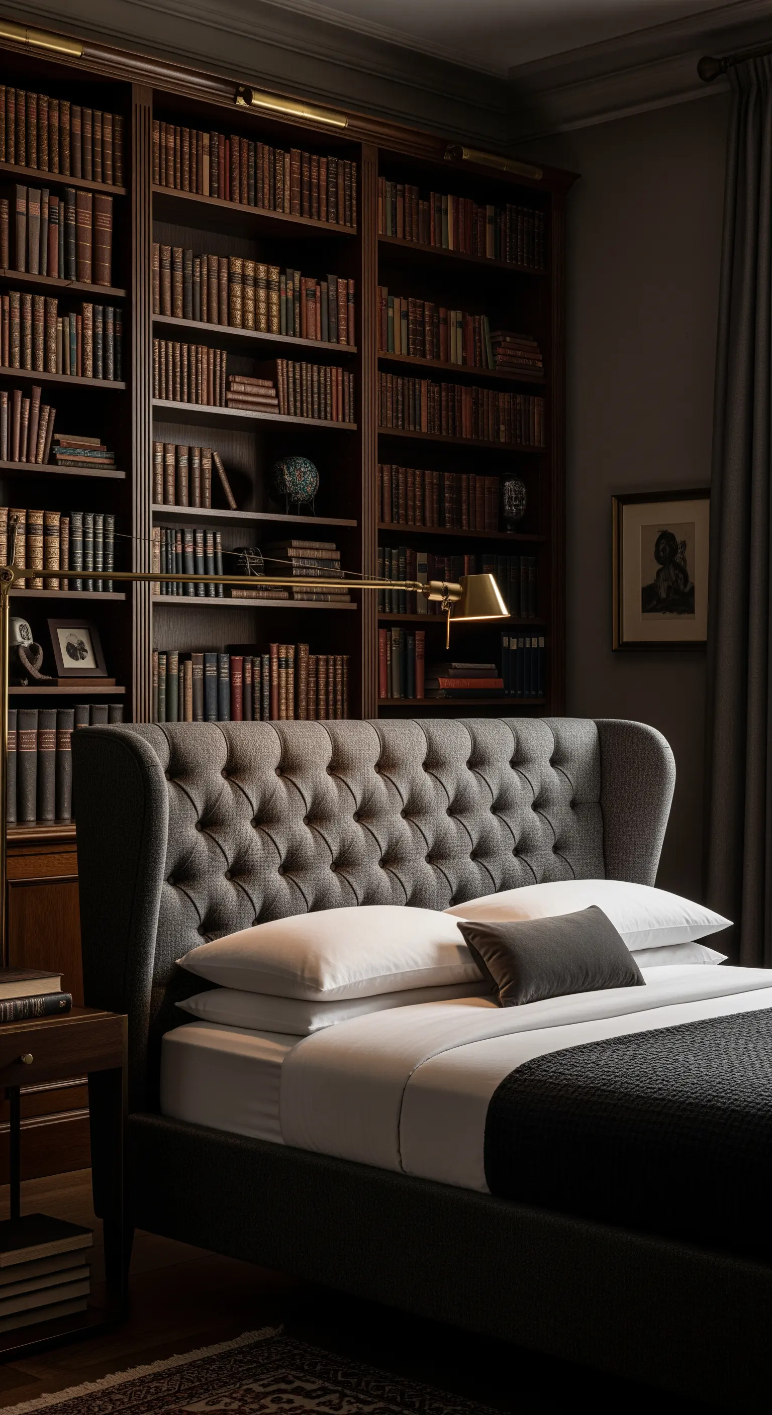 Letto moderno con testiera capitonné grigia davanti a un'imponente libreria a parete in legno scuro.