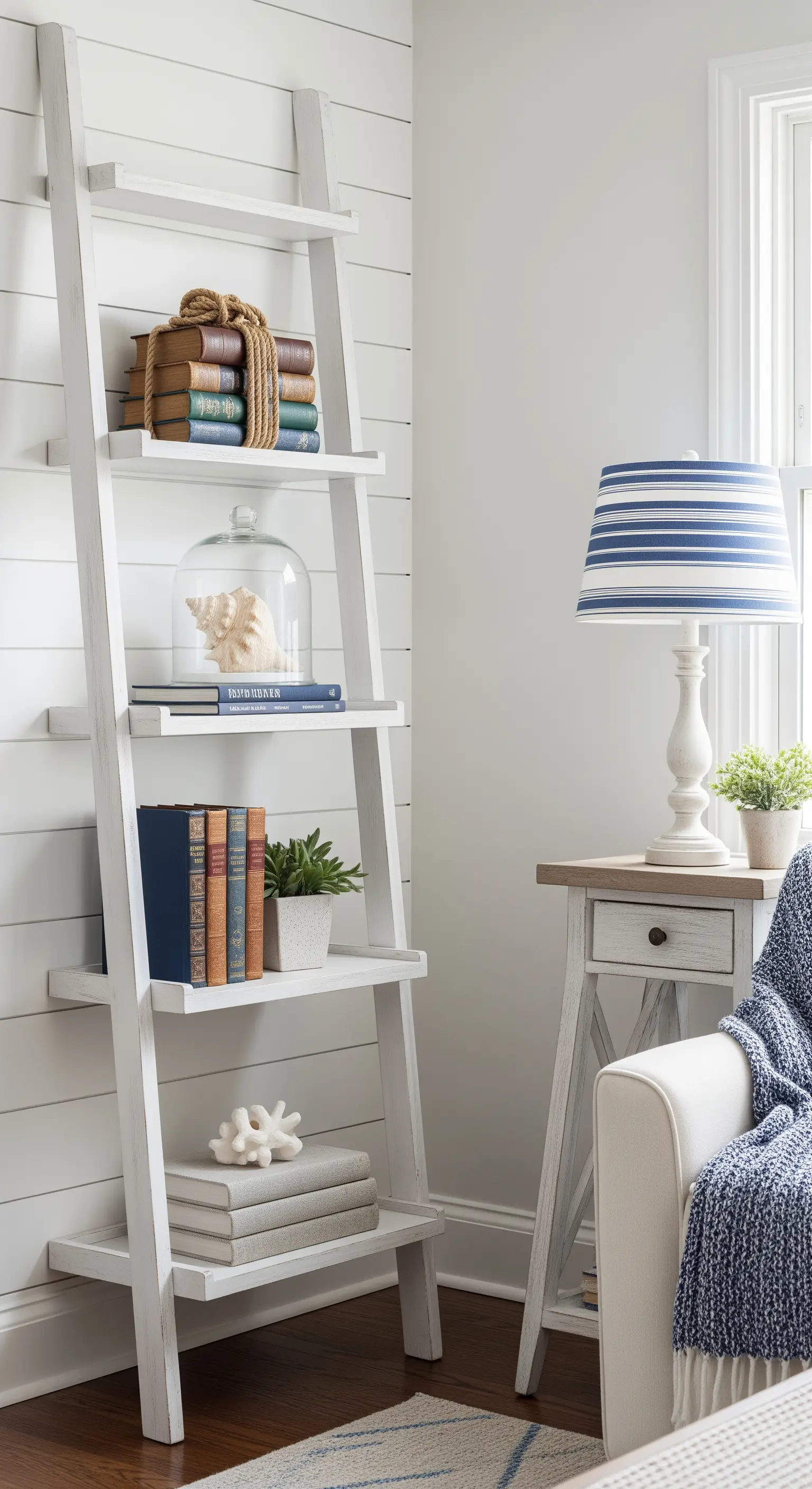 Libreria a scala bianca con libri, una conchiglia sotto vetro e una lampada a righe.