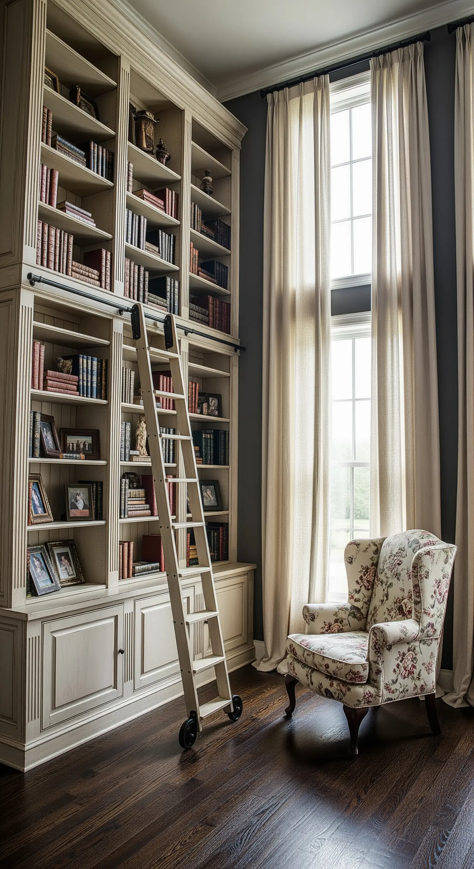 Grande libreria avorio a tutta parete con scala, accanto a una poltrona floreale.