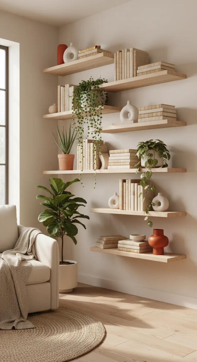 Parete attrezzata con mensole sospese in legno chiaro, libri, vasi e piante pensili.