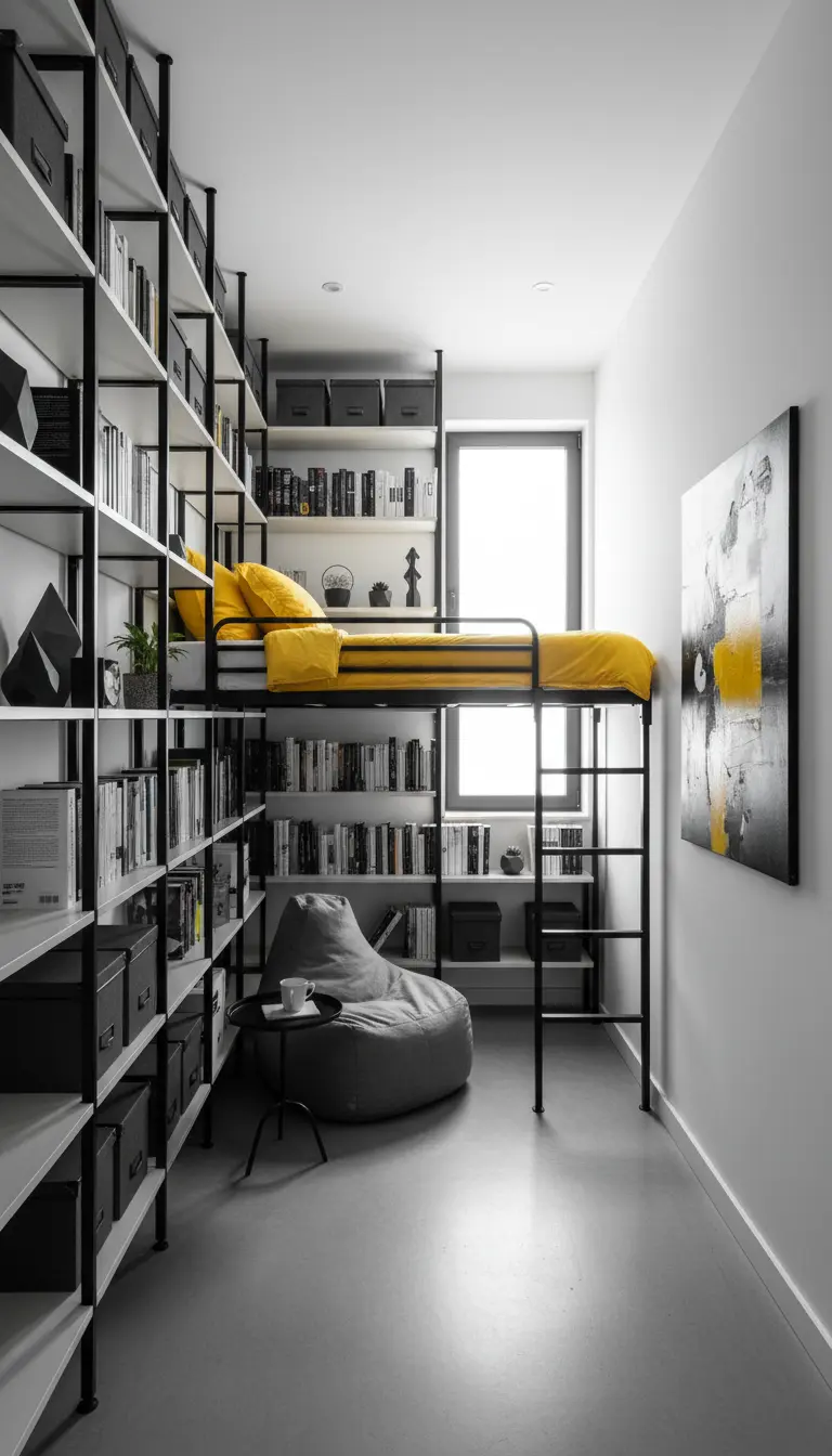 Stanza stretta con letto a soppalco nero incorniciato da scaffalature a tutta altezza.