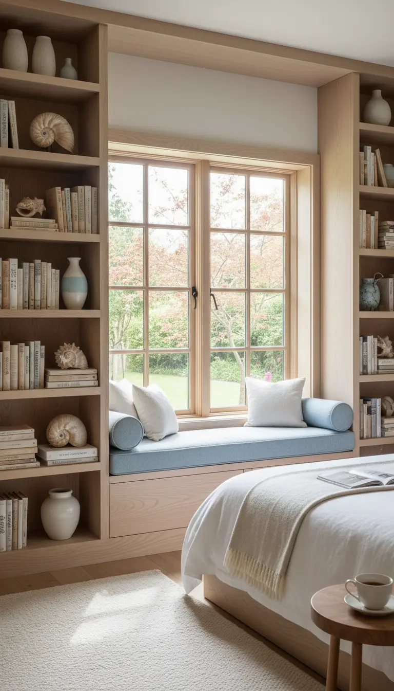 Panca sotto la finestra incorniciata da una libreria a tutta altezza con libri e conchiglie.