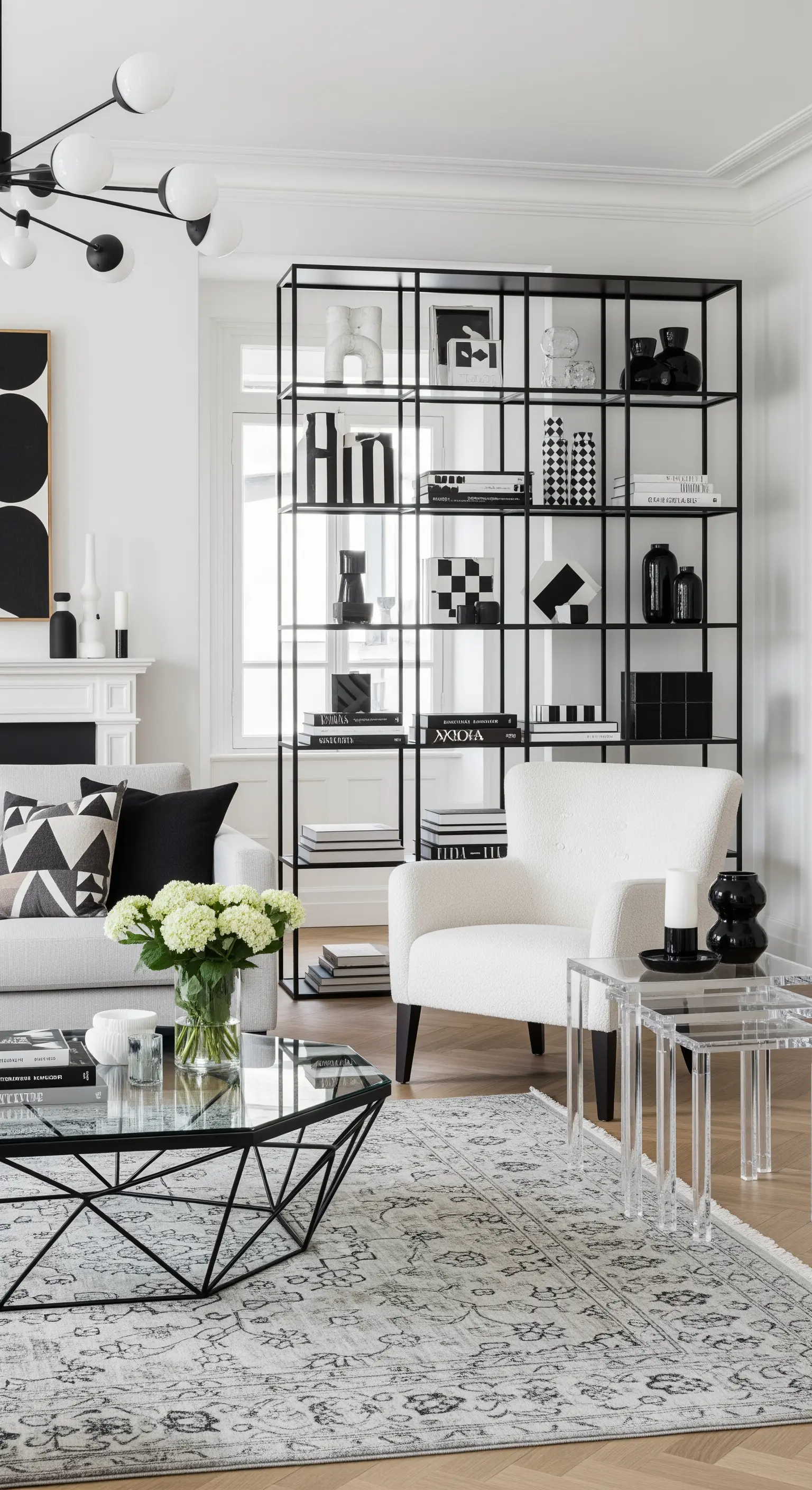 Libreria a giorno in metallo nero usata come divisorio in un salotto luminoso.