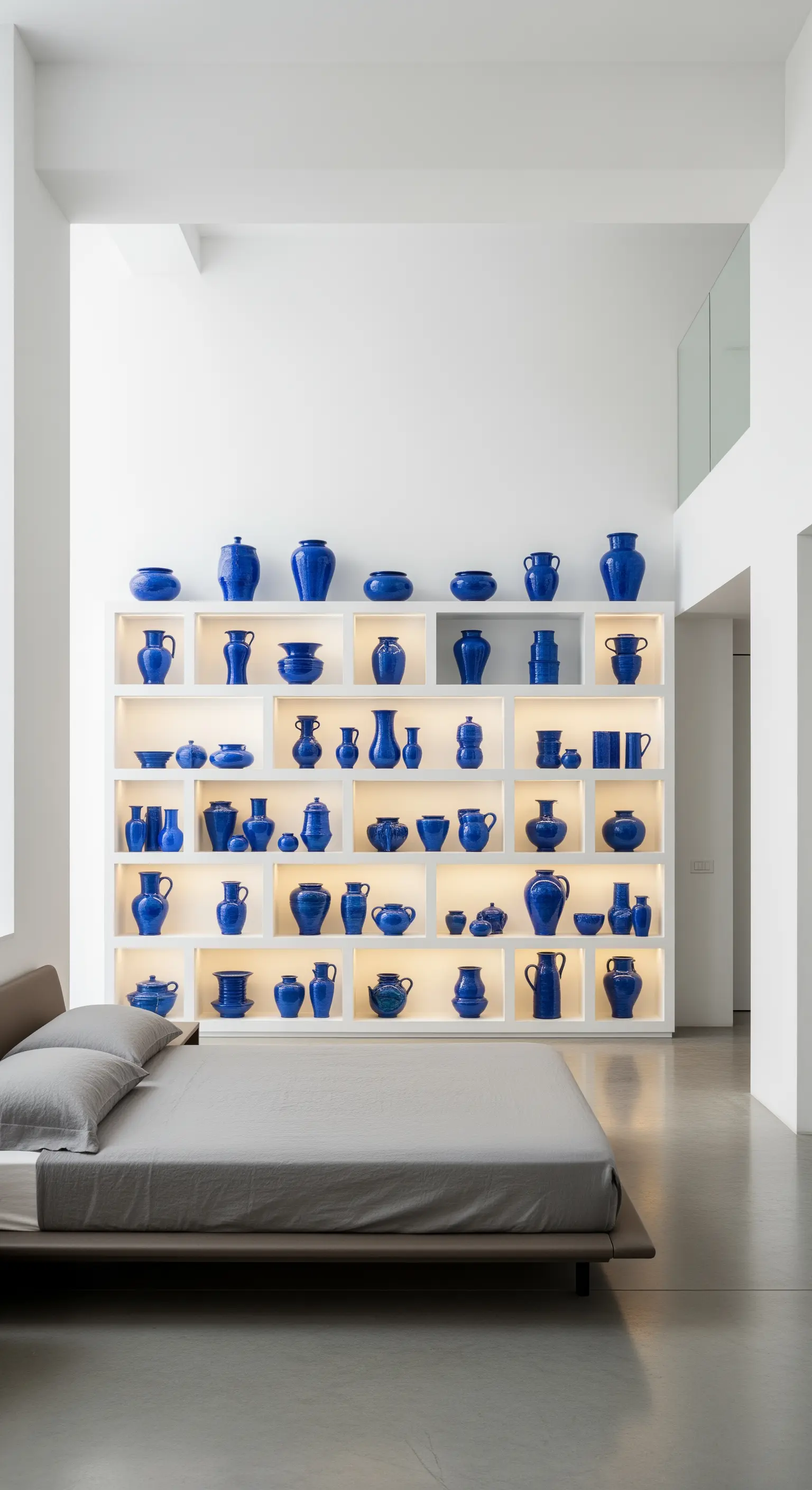 Parete attrezzata bianca retroilluminata con una vasta collezione di vasi in ceramica blu.