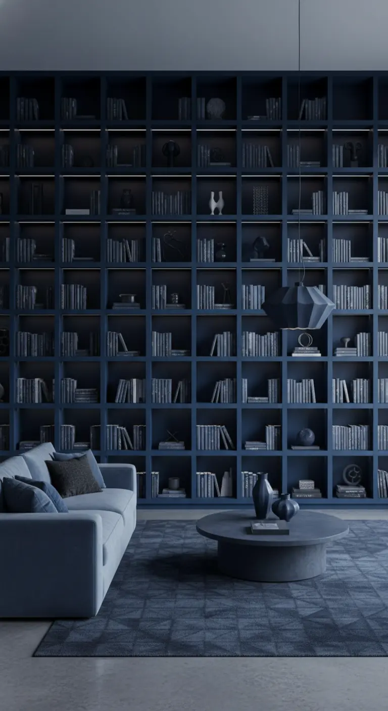 Salotto con un'imponente libreria a tutta parete color blu notte.