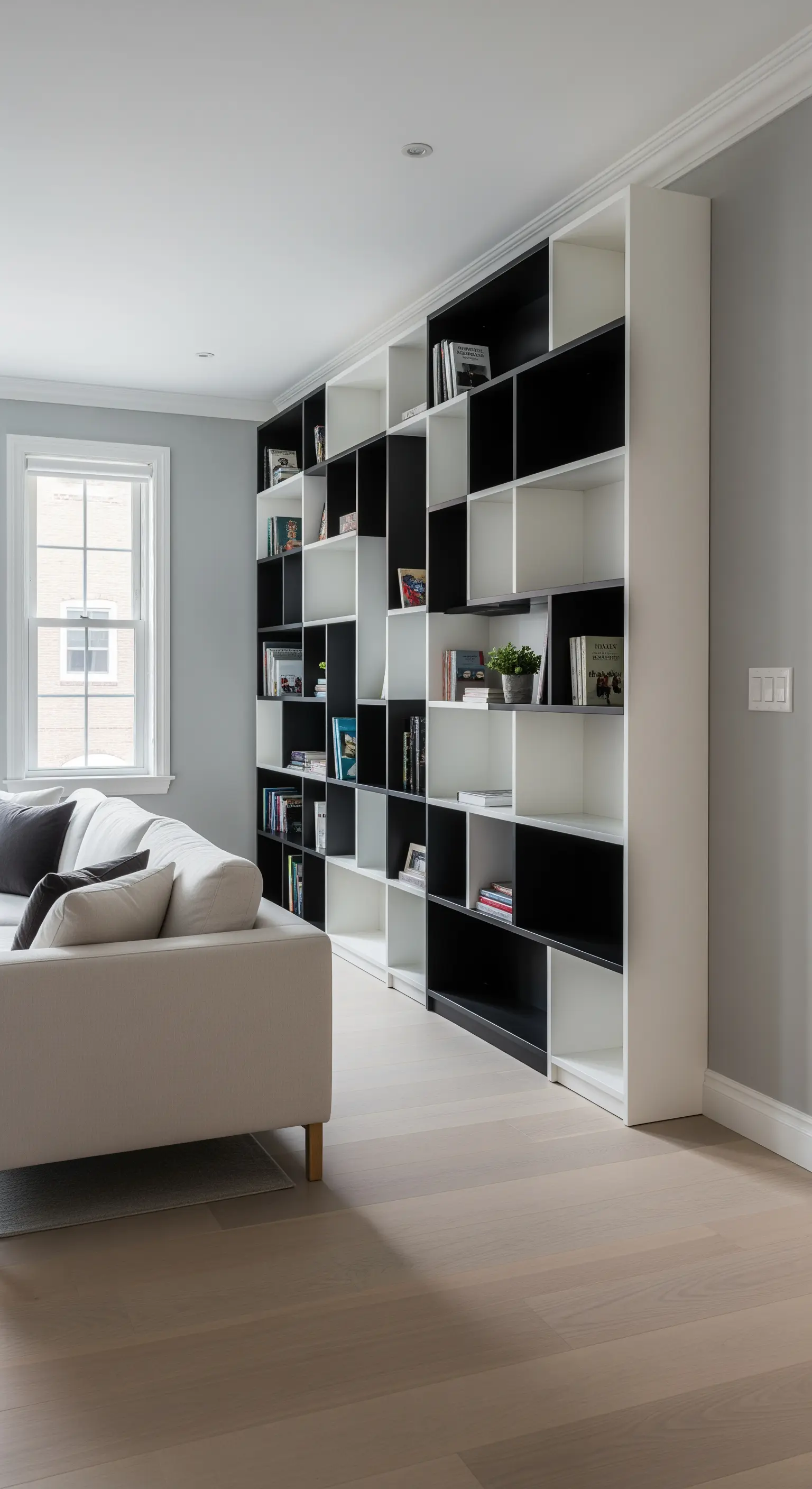 Grande libreria a parete con vani bianchi e neri che creano un motivo a scacchiera.