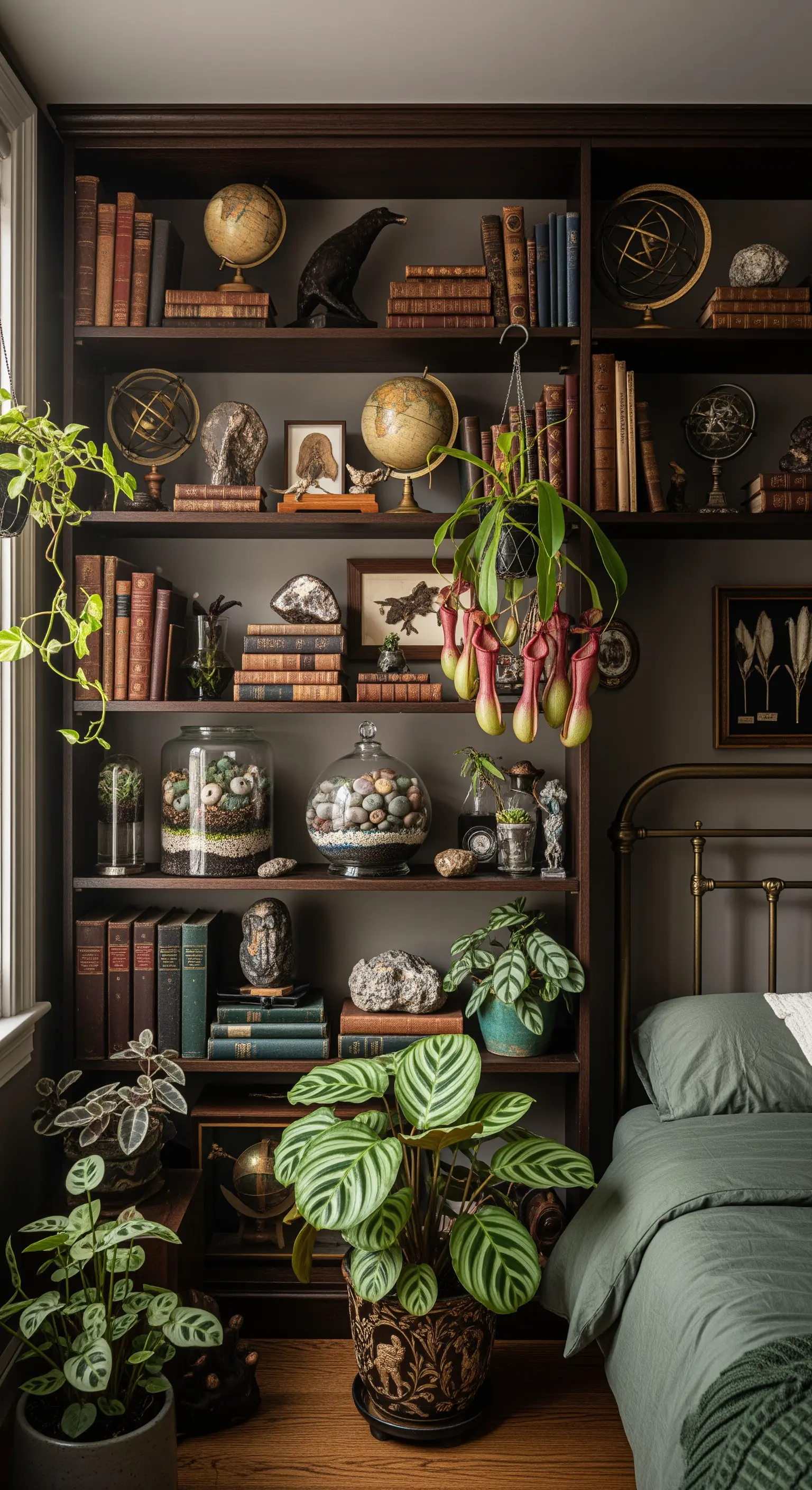Libreria scura piena di libri antichi, mappamondi e piante curiose come la Nepenthes.